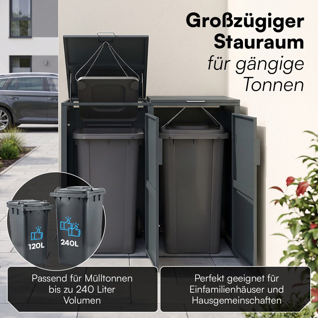 STEELSØN Mülltonnenbox Thoria 240L aus verzinktem Stahl (Anthrazit, verfügbar mit 1, 2, 3, 4, oder 5 Türen), Für 2 Tonnen