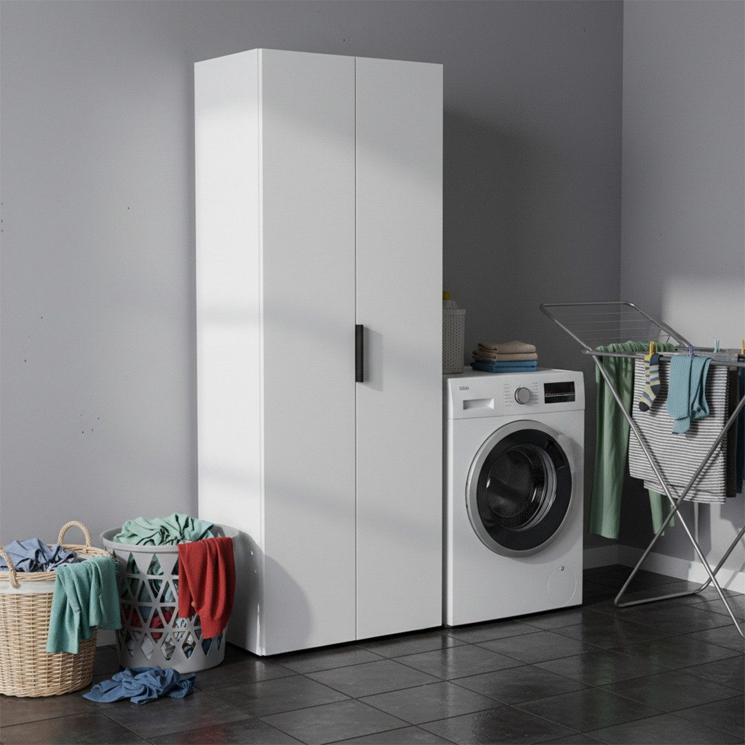 Bellamio Mehrzweckschrank Lurio inkl. Staubsaugerfach Besenschrank aus Holz in Weiß, Haushaltsschrank mit Griff & 5 Fächern