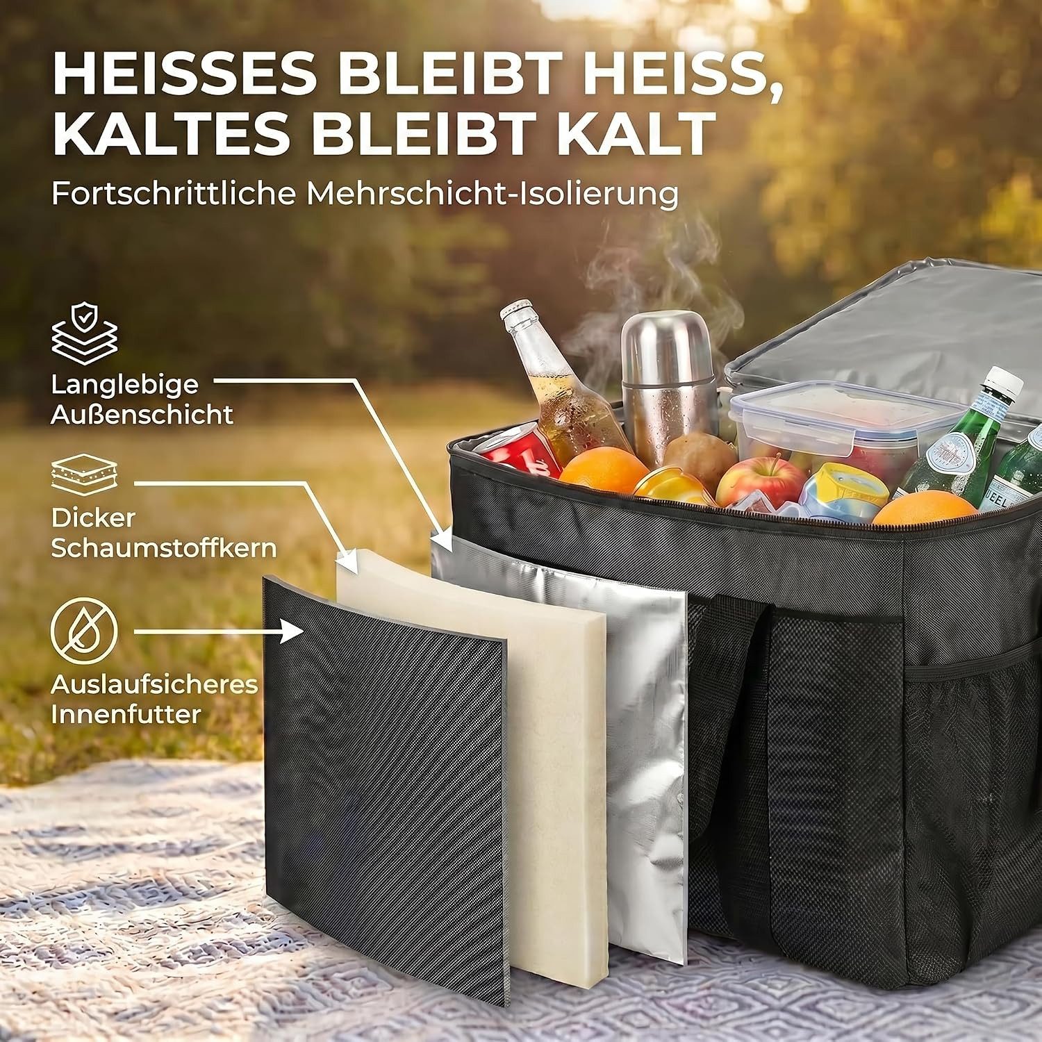 Goods+Gadgets Thermobehälter Kühltasche wasserdicht Thermobehälter Isoliertasche Camping & Picknick, Polyestergewebe, (XXL, Isotasche), Camping-Tasche Wärmetasc – Bild 4 von 5