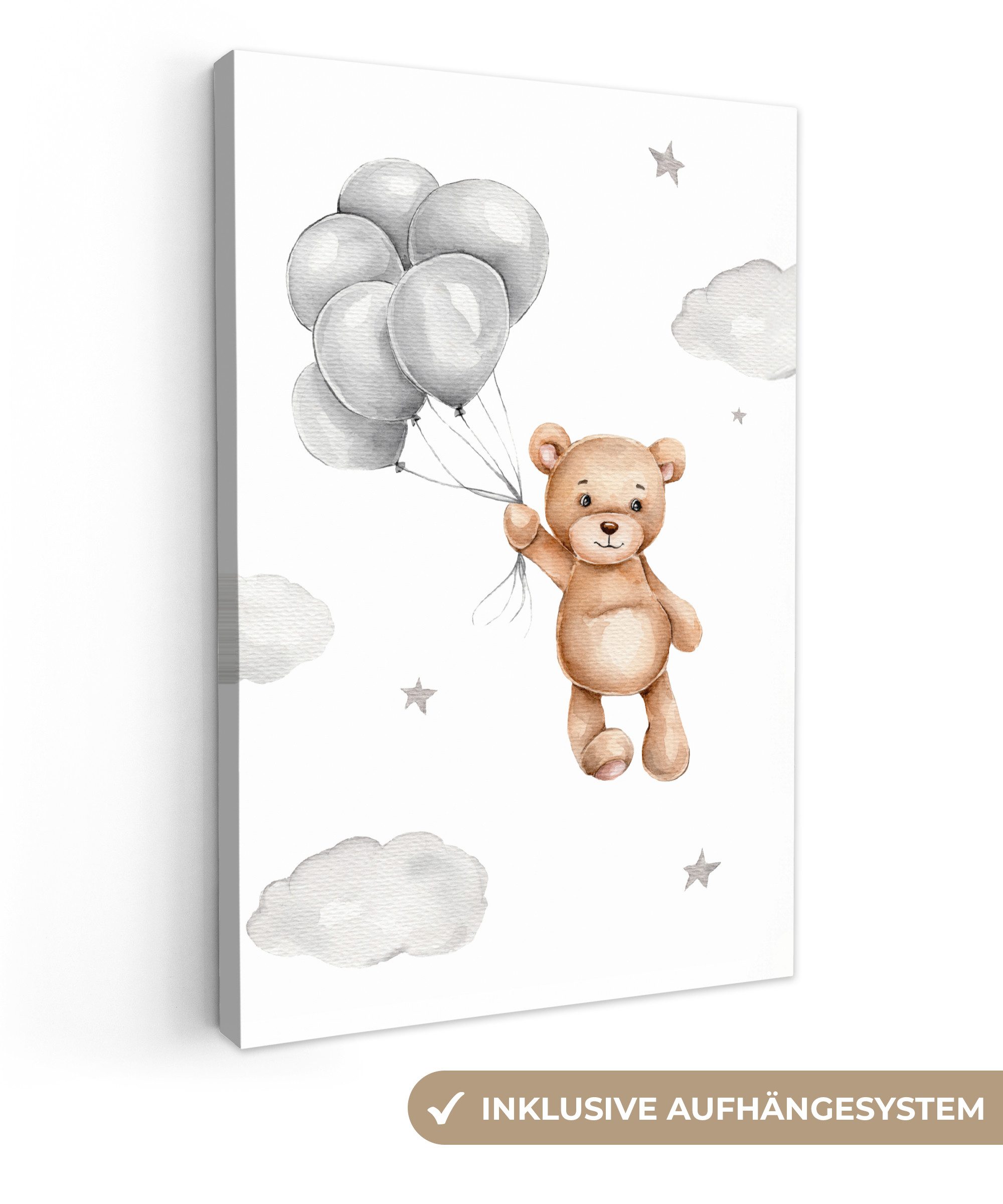 OneMillionCanvasses® Leinwandbild Bär - Luftballon - Sterne - Kinder, Fotodruck (1 St), Leinwand Canvas Wandbild, Wanddekoration 20x30 cm