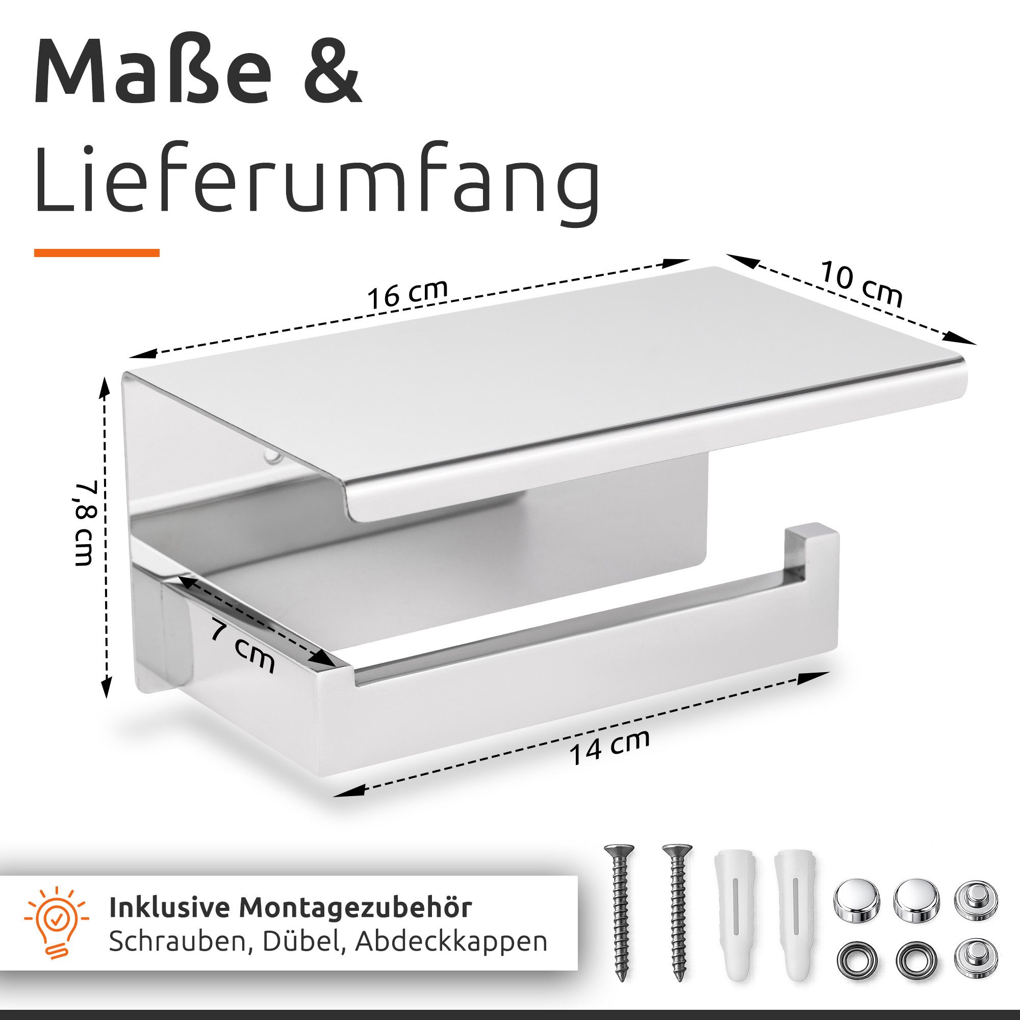 ECENCE Toilettenpapierhalter ohne Bohren selbstklebend Edelstahl 304, mit Ablage zum Kleben oder Schrauben – Bild 4 von 5