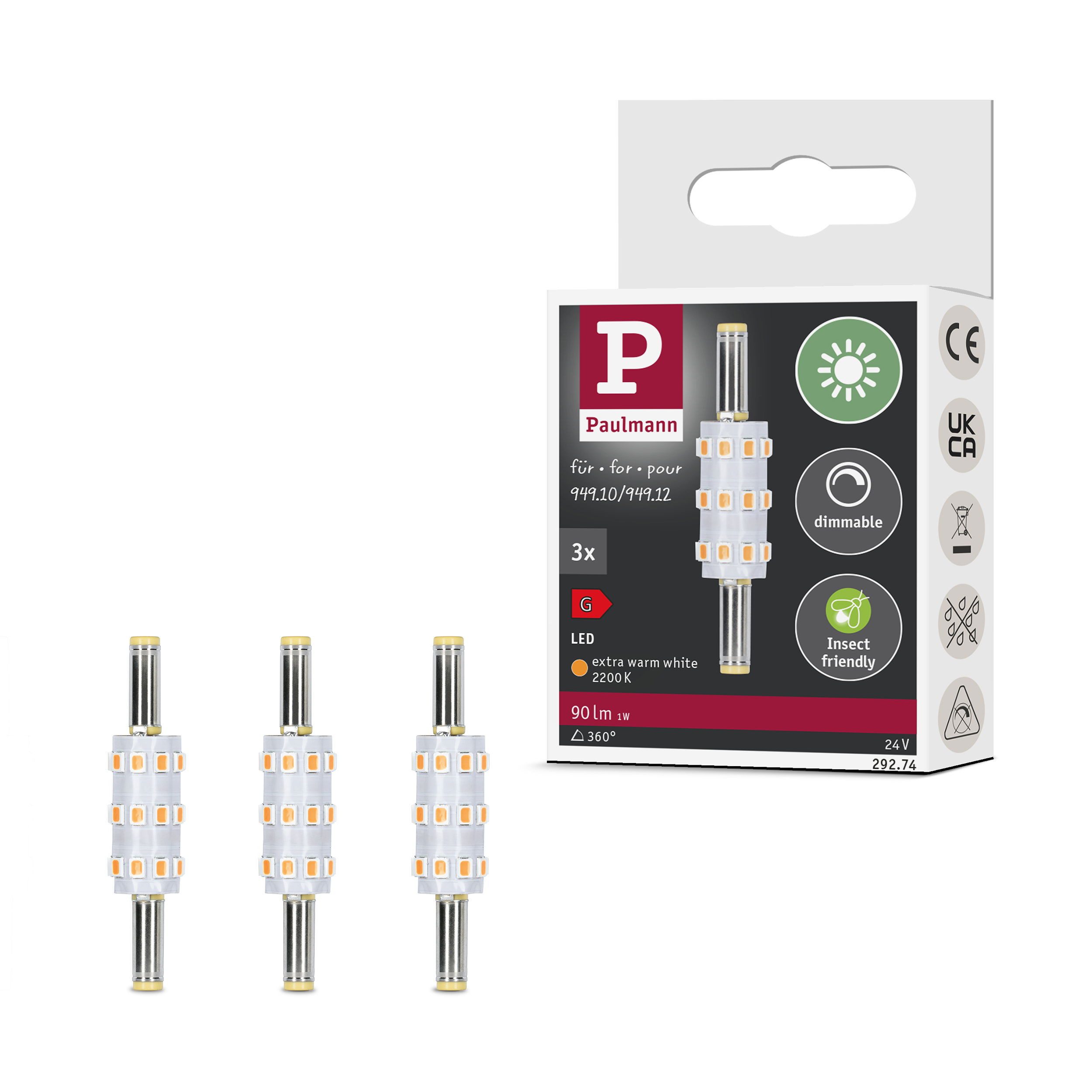 Paulmann LED-Leuchtmittel 3er Pack 90lm 2200K 24V, Niedervolt-Steckverbinder 5,5 mm/2,5 mm, 3 St.
