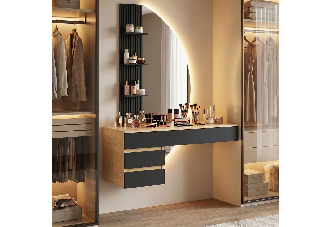 HOMALL Schminktisch Hängender Schminktisch mit drei einstellbaren Farbtemperaturen (LED-Silikon-Lichtleiste in drei Farben, Maße: 106 × 40 × 143 cm, mit 3 offenen Ablagefächern und 2 Schubladen, für vielfältige Einsatzmöglichkeiten geeignet)