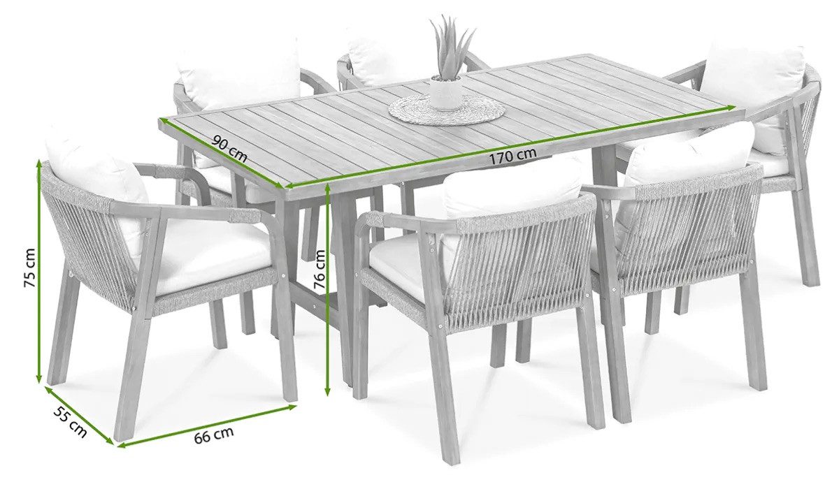 furrore Garten-Essgruppe "MARIGOLD 6+1", 6-Sitzer + Ecktisch, handgeflochtene Rope Rückenlehnen, (7-tlg), mit Sitzkissen, Geflecht, Gartenmöbel-Set