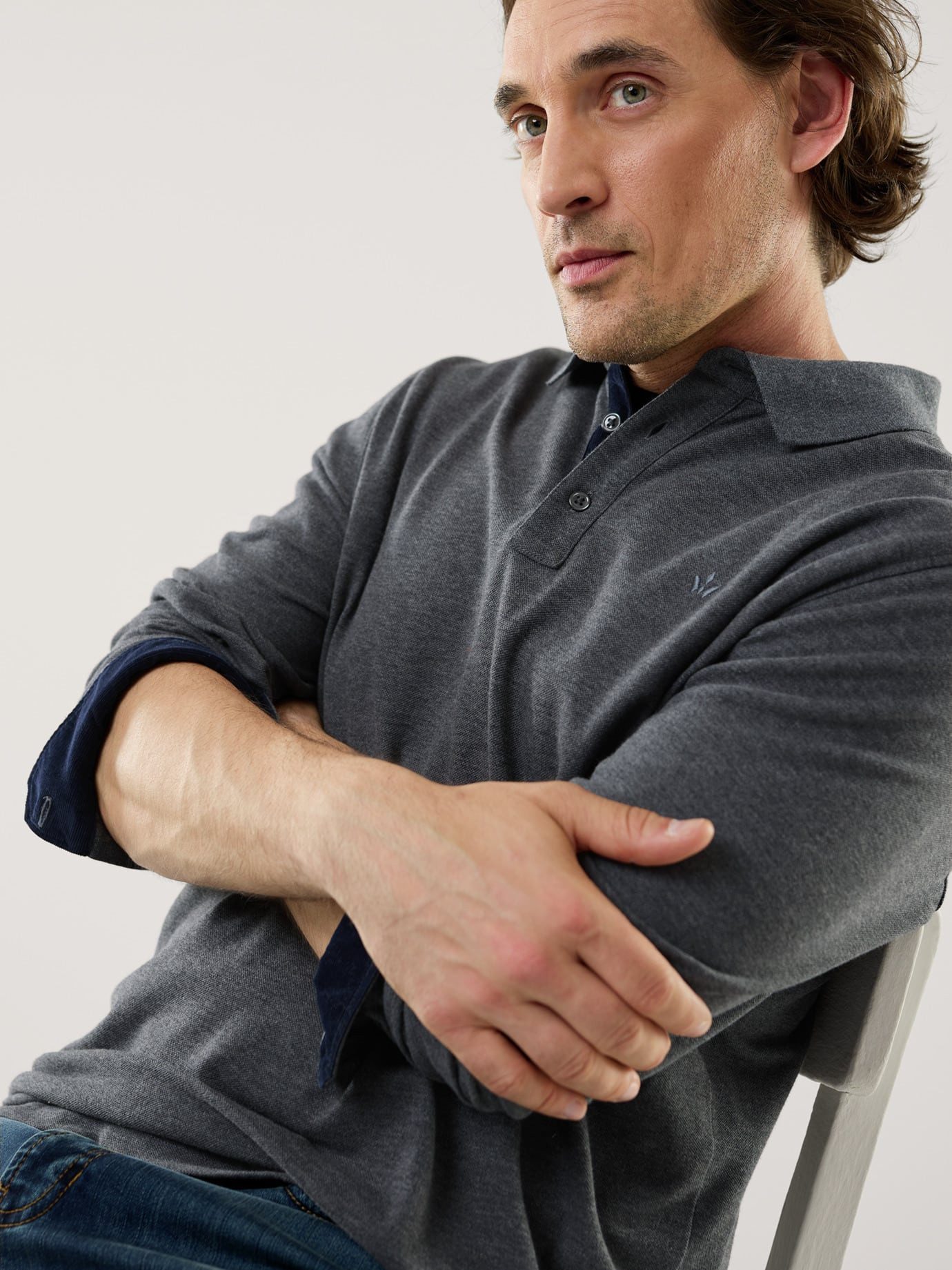 Walbusch Polokragenpullover Herren Merino Mix Polo Langarm Baumwolle Schurwolle Perlmuttknöpfe Pflegeleicht, melierte Optik, Cordbesätze, wärmend & weich
