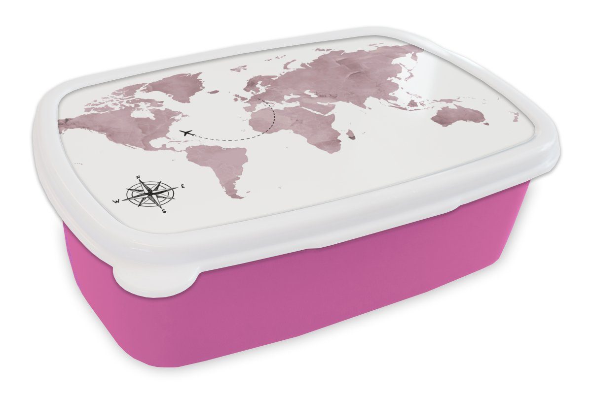 MuchoWow Lunchbox Weltkarte - Rosa - Windrose, Kunststoff, (2-tlg), Brotbox für Erwachsene, Brotdose Kinder, Snackbox, Mädchen, Kunststoff
