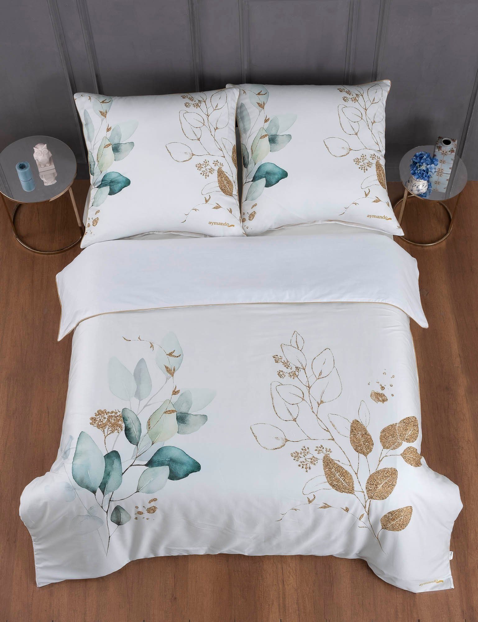 Aymando Bettwäsche Leaf Green, 100% Baumwolle Mako Satin, 3 teilig, Saum un günstig online kaufen