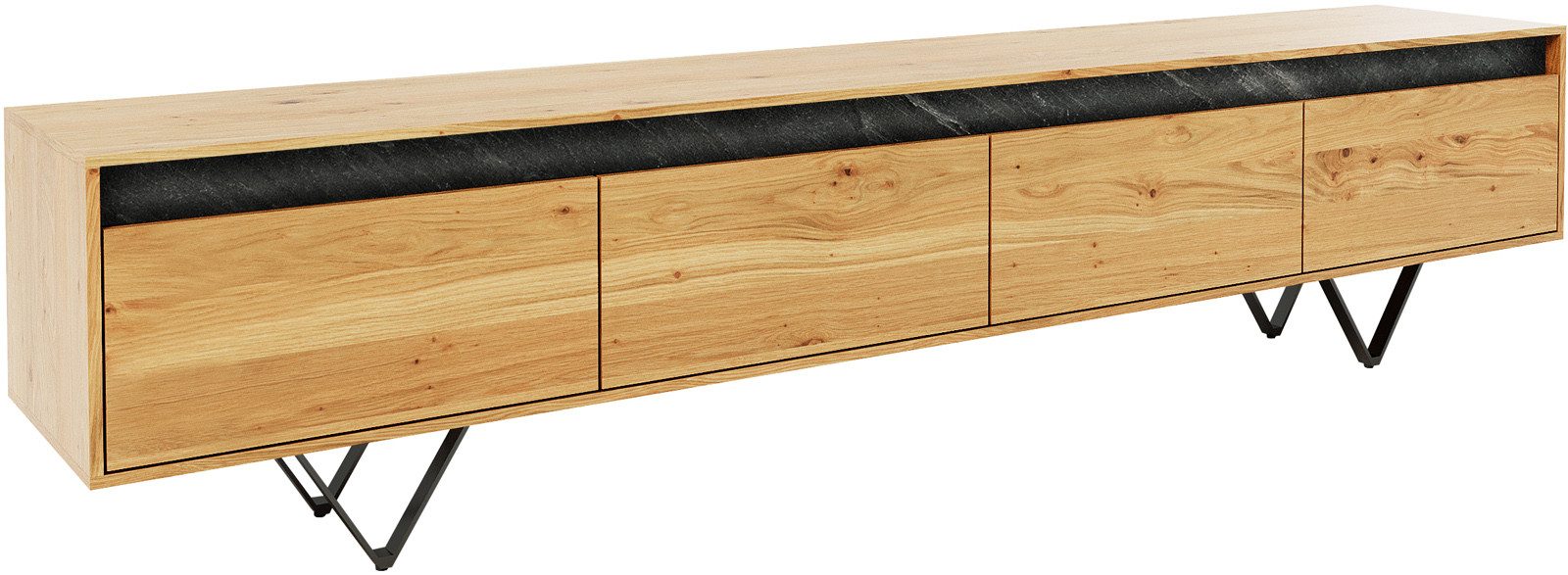 DELIFE Lowboard Stonegrace, Eiche Natur Schiefer 200 cm 4 Schübe V-Fuß Metall Schwarz Designer Low