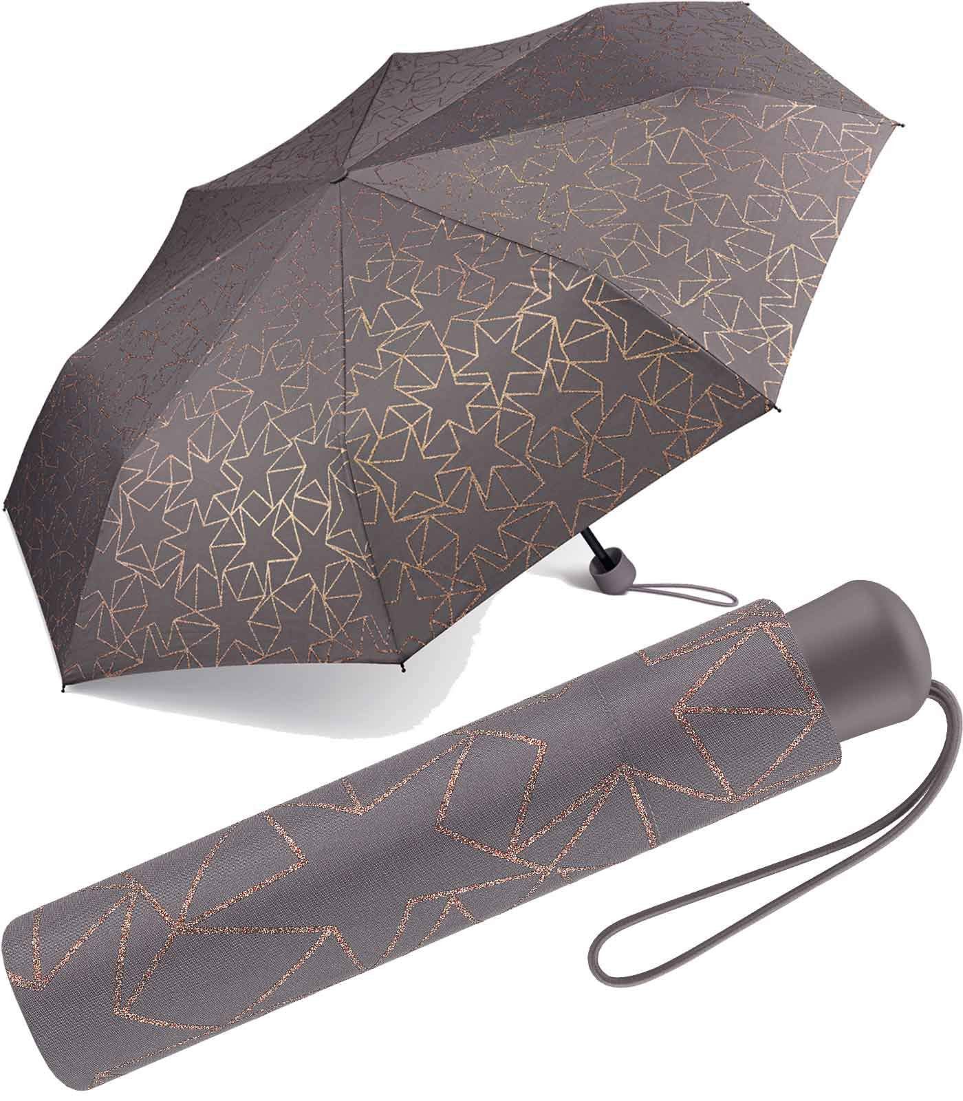 Esprit Taschenregenschirm schöner, kleiner Schirm für Damen - Glitter Stars, das besondere Design als Eyecatcher - excalibur braun