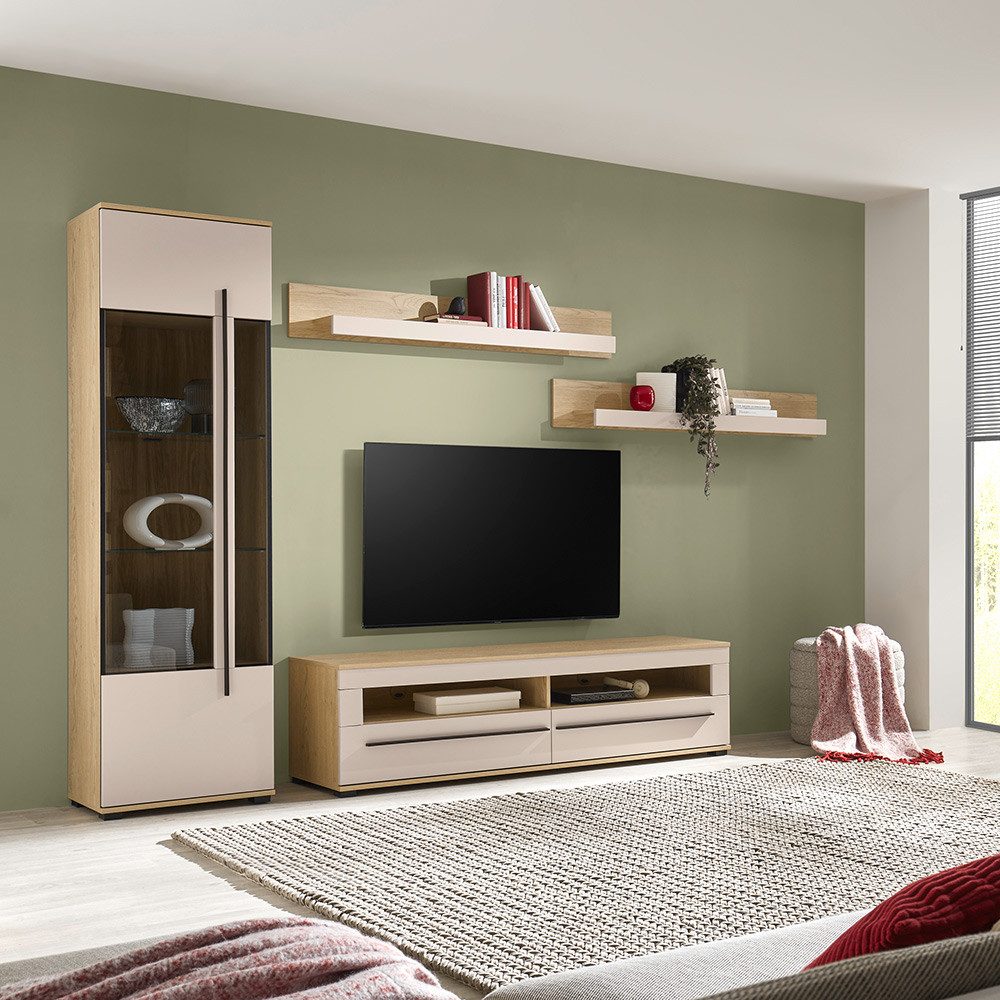 Lomadox Wohnwand COLORADO-61, (4-St., Vitrine Lowboard Wandregale), Wohnzimmermöbel-Set in Beige mit Eiche