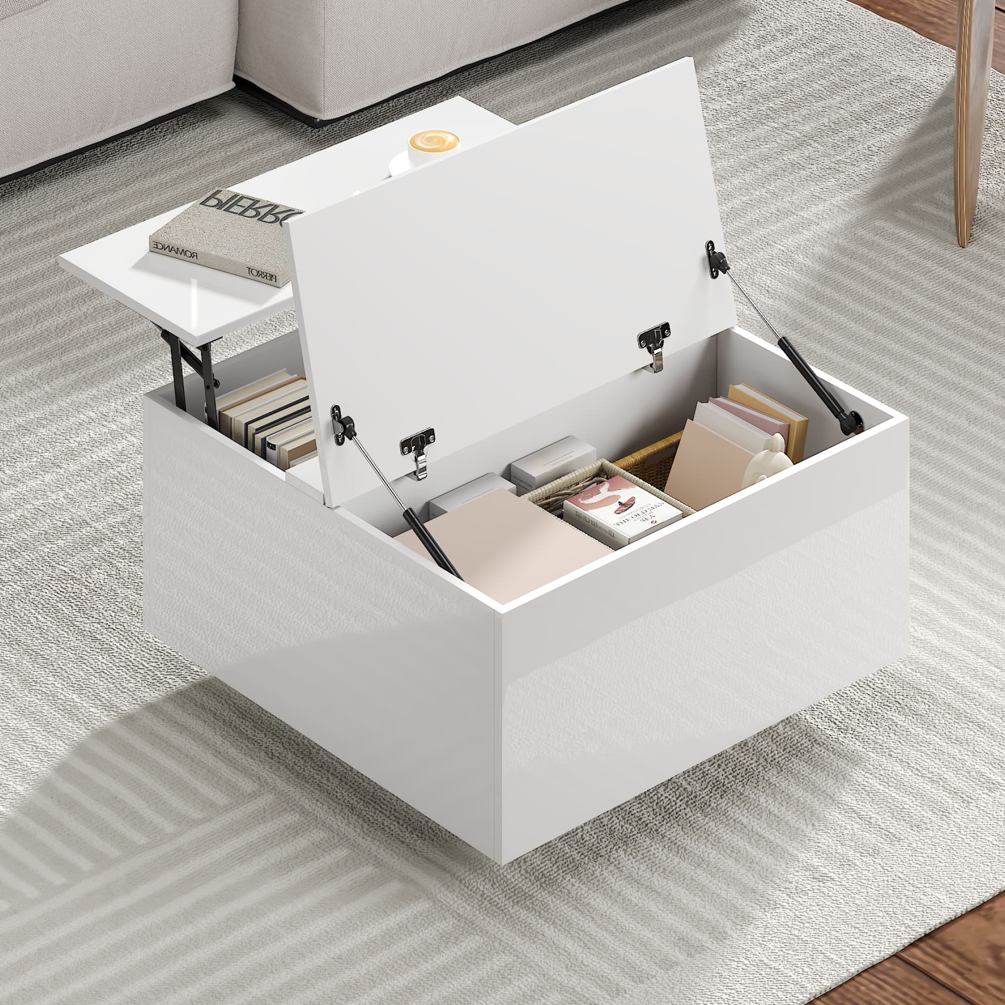radelldar Couchtisch Wohnzimmertisch höhenverstellbar Stauraum  (40-54) x 78 x 78cm (1-St), Höhenverstellbare Tischplatte