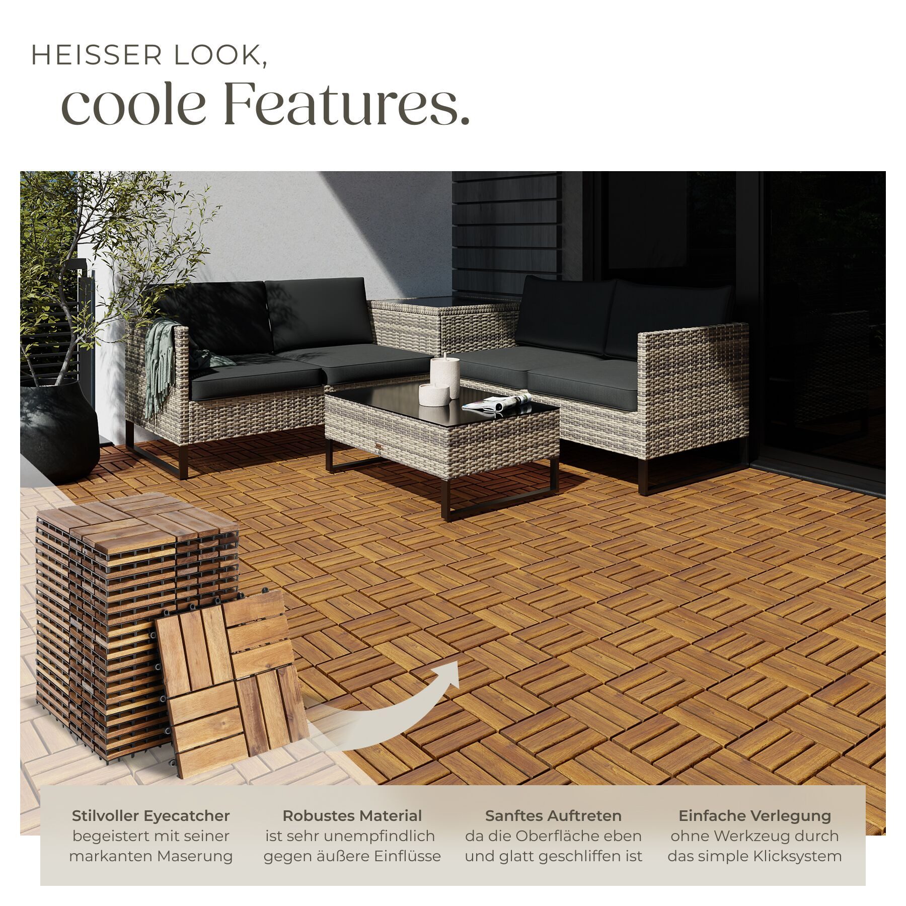tectake Terrassendielen Terrassenfliesen 20er Set mit Klicksystem, 31 x 31 x 2,2 cm, 1,922 m², BxL: je 31,00x31,00 cm, (Terrassenplatten Außenbereich Tabula, 20 – Bild 3 von 5