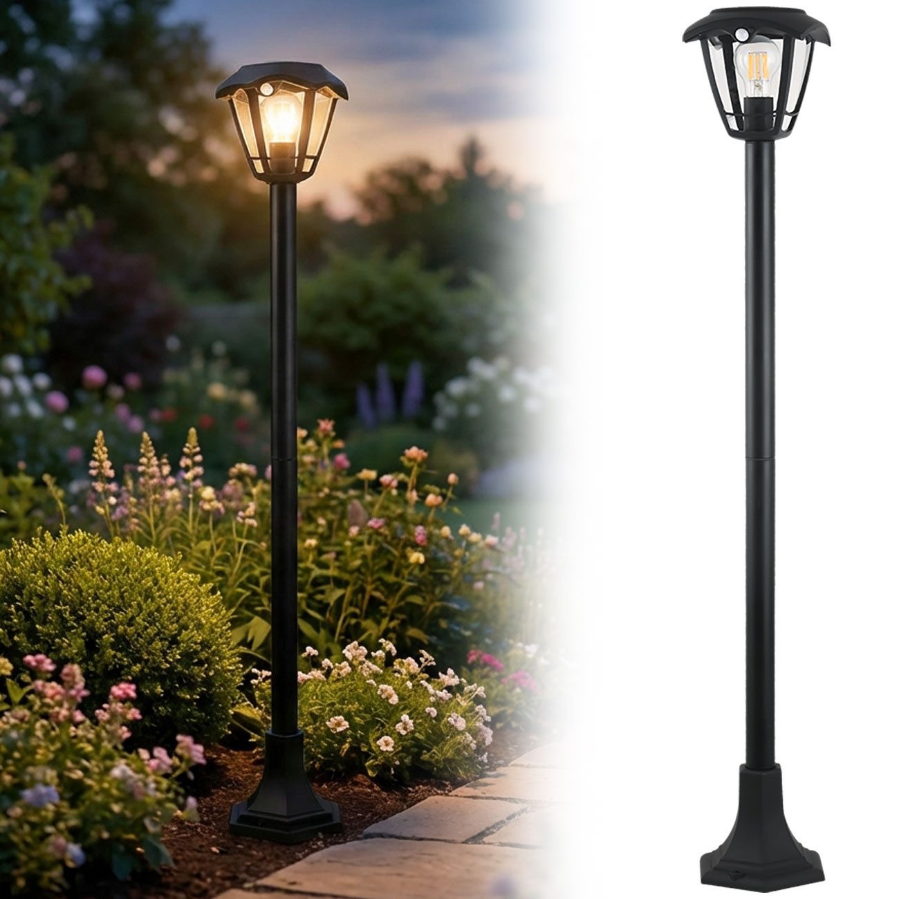 shop'n smile ideoon LED Gartenleuchte Solar LED-Gartenlaterne 111,5cm PIR-Bewegungssensor 90°&6m Außenlampe, E27 Filament-LED, (austauschbar, bis zu 300 Lumen), warmweiß, Ø 16,6 x H 111,5cm/3 Lichtmodi/Li Ion Akku 1800mAh/IP44/kabellos