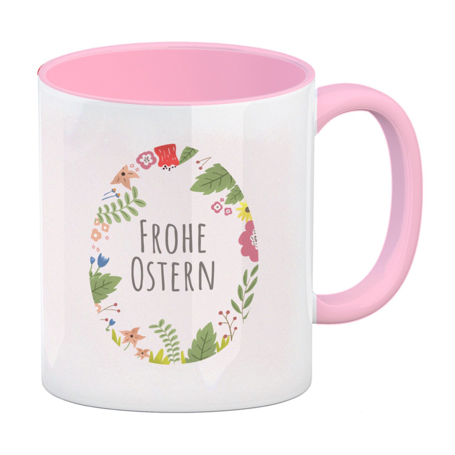 Tasse Frohe Ostern Kaffeebecher Rosa mit Blumen und Osterei