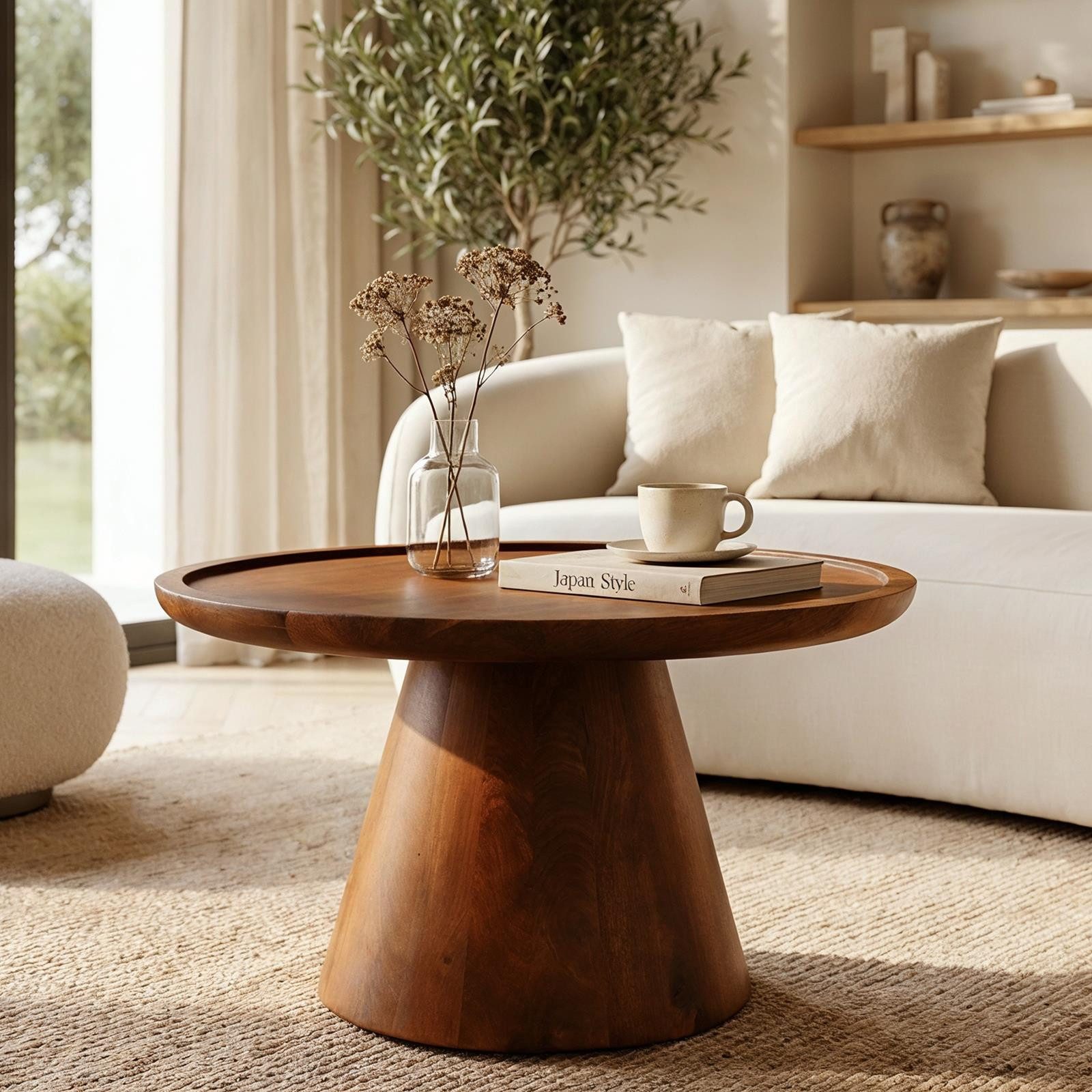 IDIMEX Couchtisch DALOA, Wohnzimmertisch rund 65 cm aus Mangoholz mit erhöhtem Rand Dunkelbraun