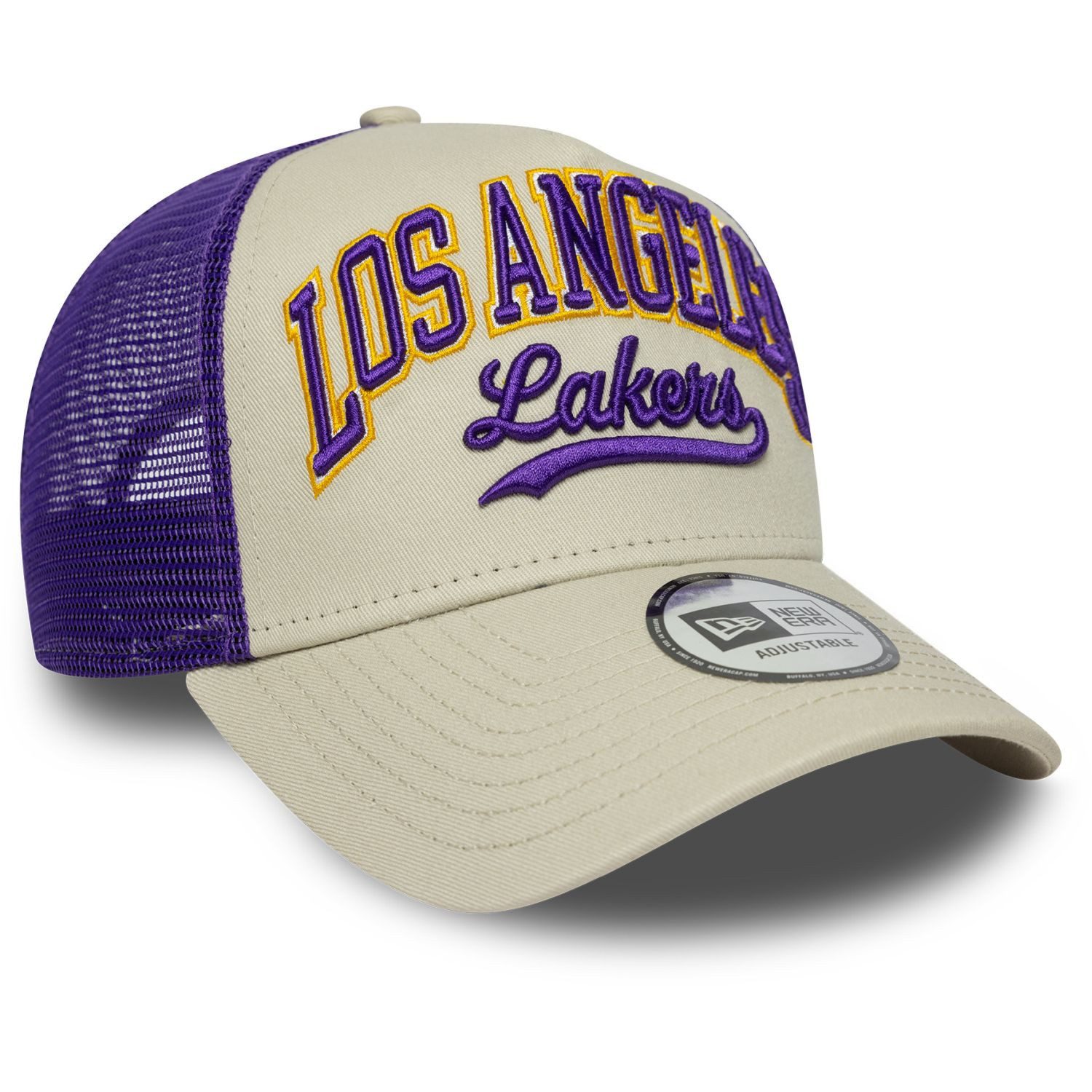 New Era Trucker Cap AFrame Trucker SCRIPT Los Angeles Lakers