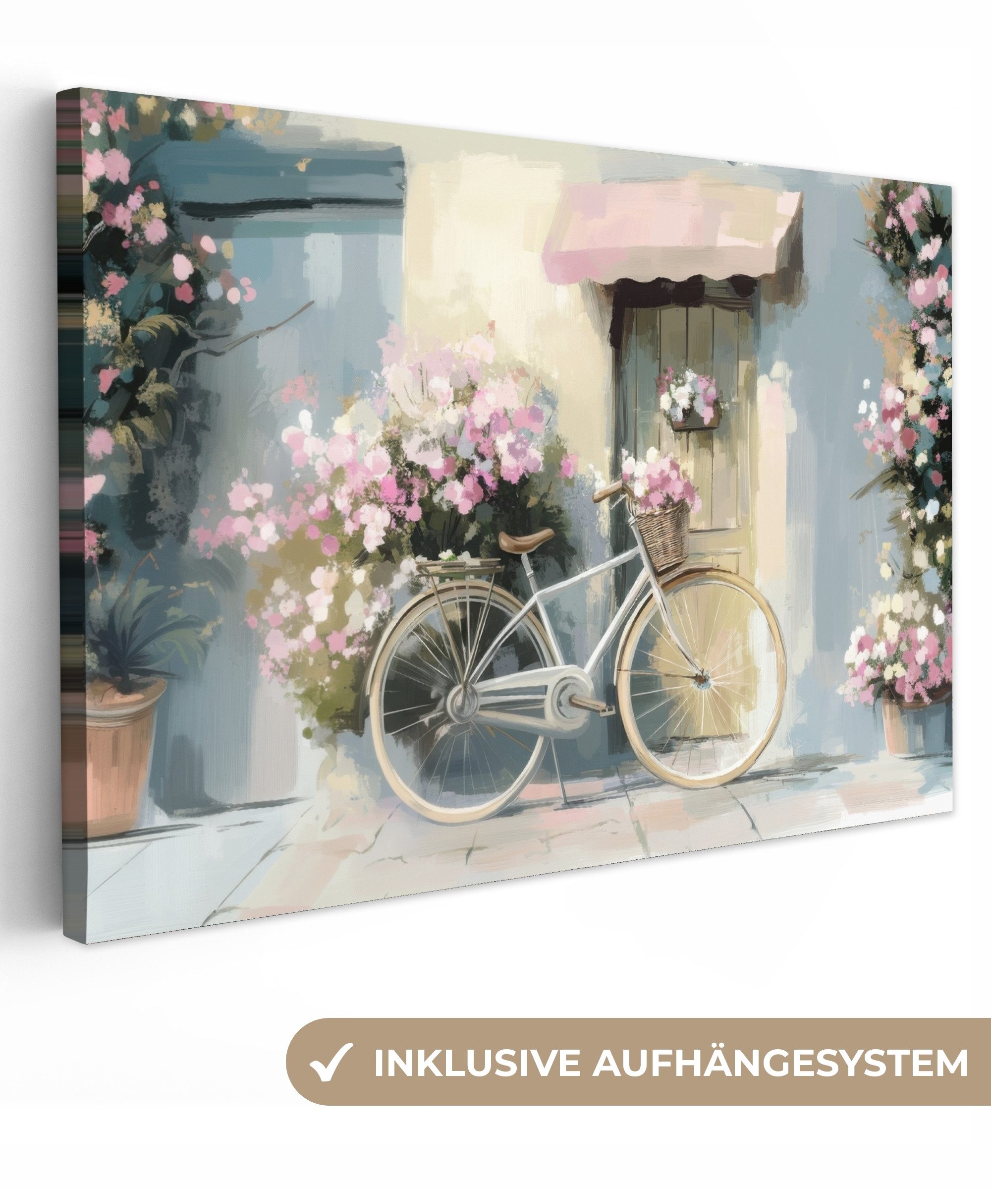 OneMillionCanvasses® Leinwandbild Fahrrad - Pastellfarben - Blumen, Fotodruck (1 St), Leinwand Bilder Klein, Wand Dekoration Aesthetic 30x20 cm