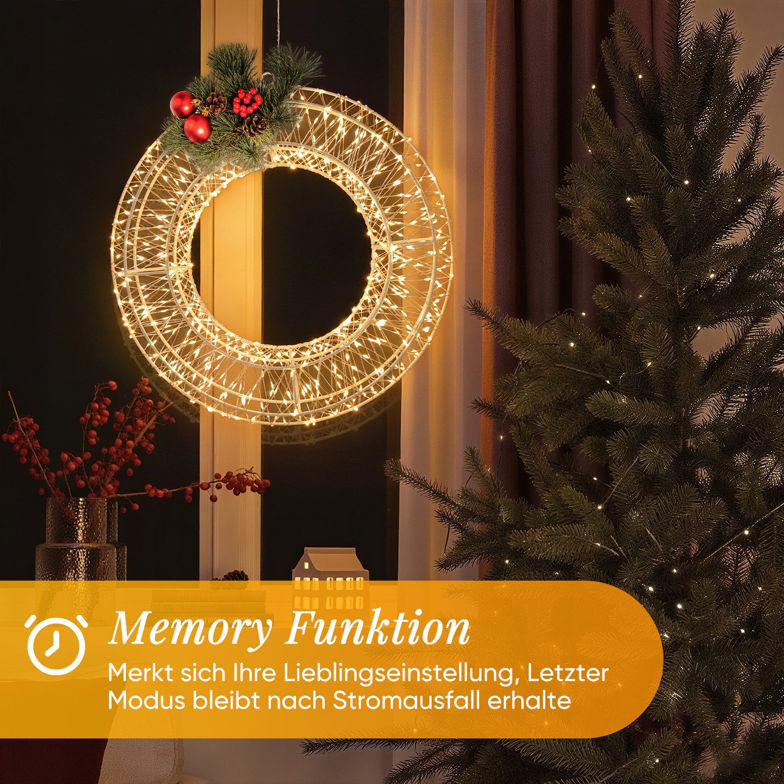 Salcar LED-Lichterkette Lichtkranz LED 3D-Dekokranz Weihnachtskranz Hängekranz Innen & Außen, 2er-Set/Ø45cm 720LED/ 8 Modi/ Timer & Memory Hängekranz Lichterkre – Bild 5 von 5