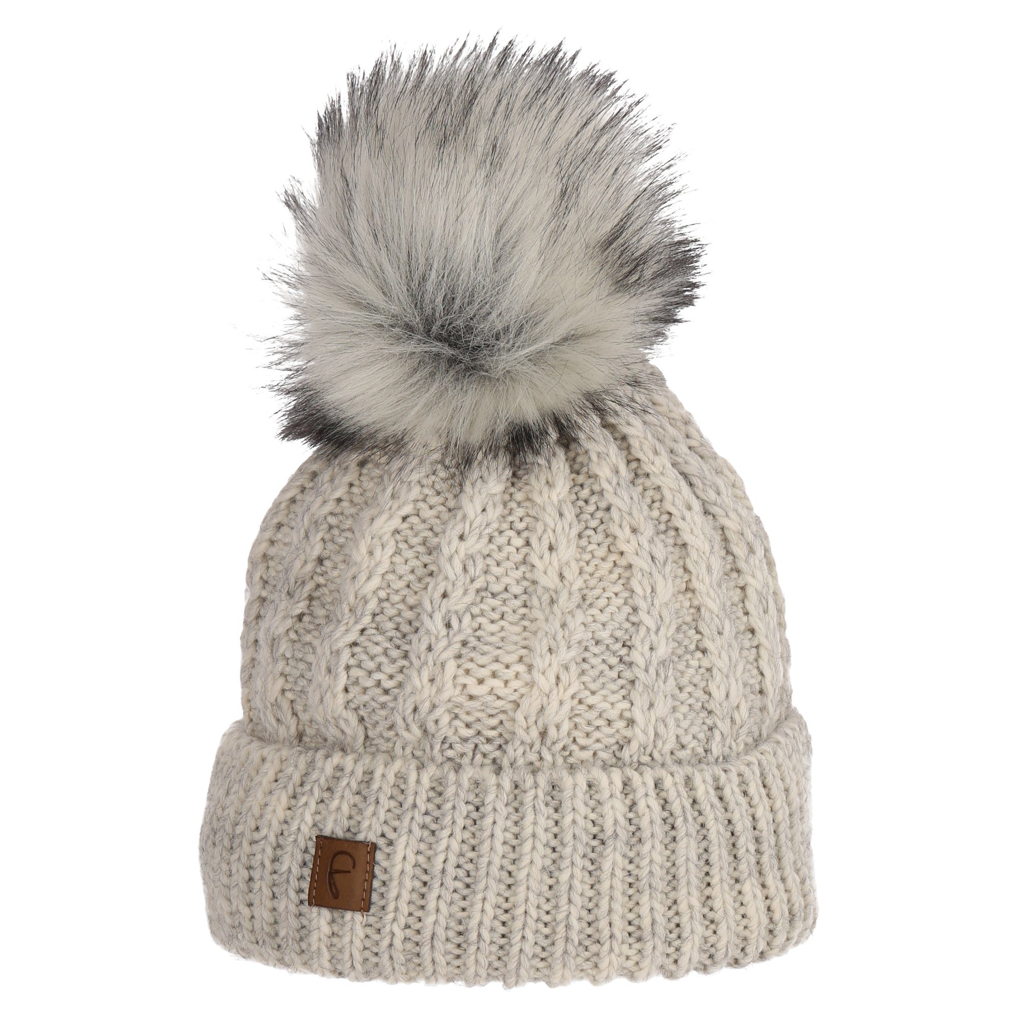 Faera Bommelmütze Wintermütze warm gefüttert mit Fleece-Futter Kunstfell Bommel-Mütze