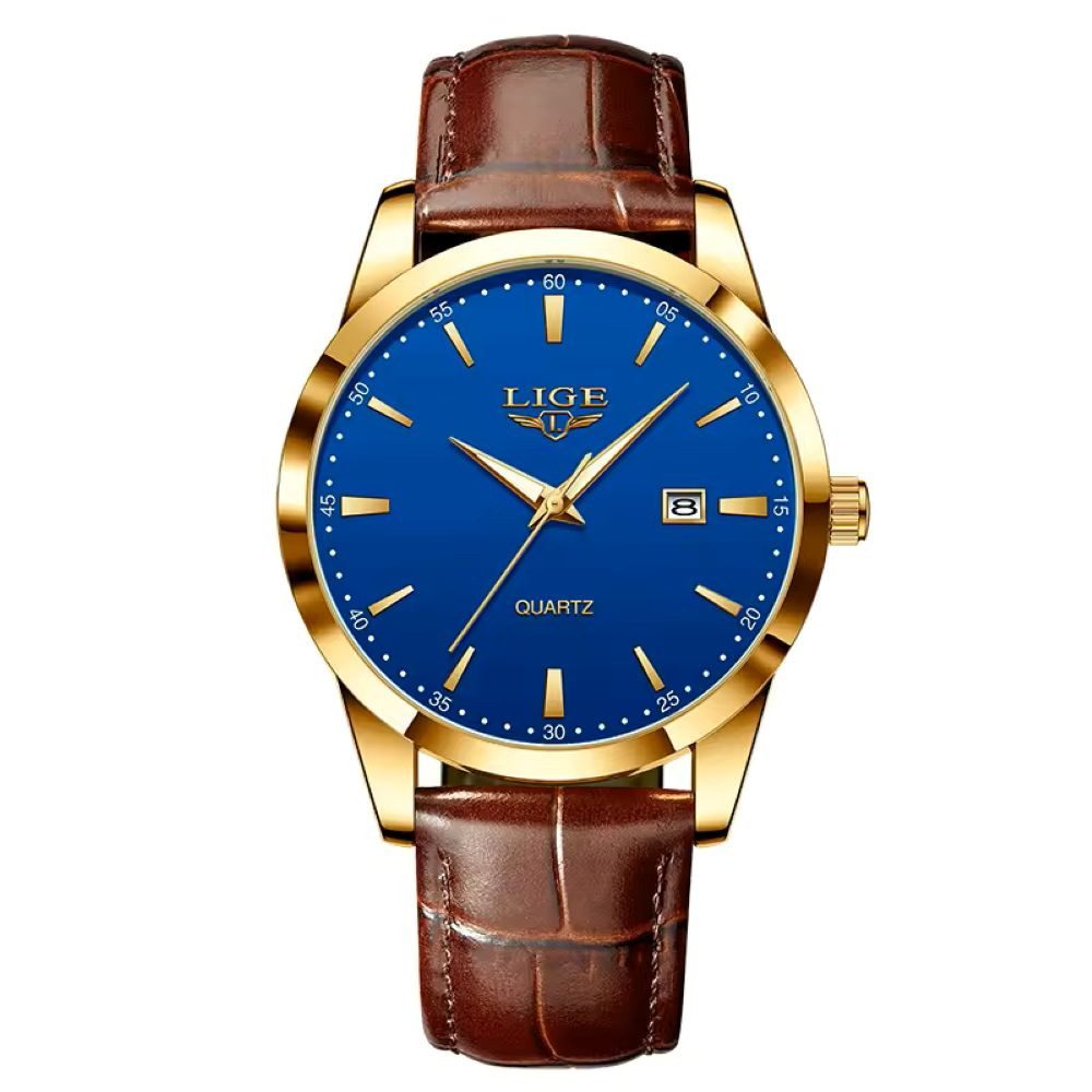 Tidy Quarzuhr LIGE 89143 Herrenuhr mit blauem Zifferblatt und braunem Armband