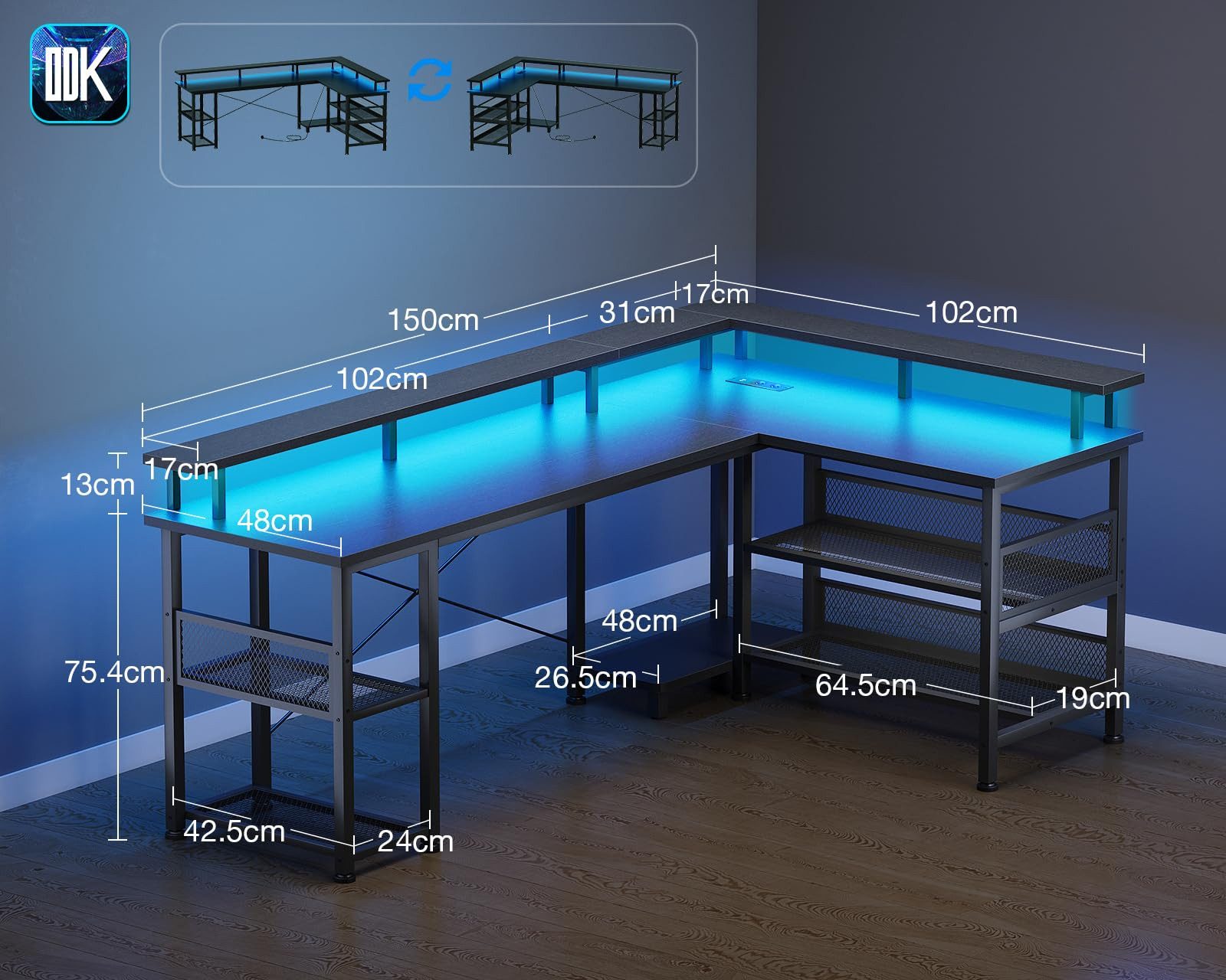 ODK Gamingtisch mit LED-Beleuchtung, 150cm Reversibler Eckschreibtisch, L-Form (1-St), Multifunktionaler Tisch mit Steckdosen & USB, Schwarzholz-Optik
