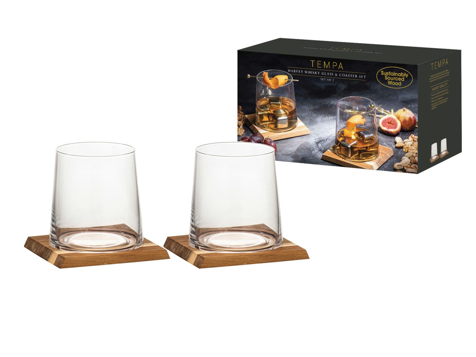 Ladelle Gläser-Set HARVEY Whiskeyglas & Untersetzer-Set 2-er Pack, Glas