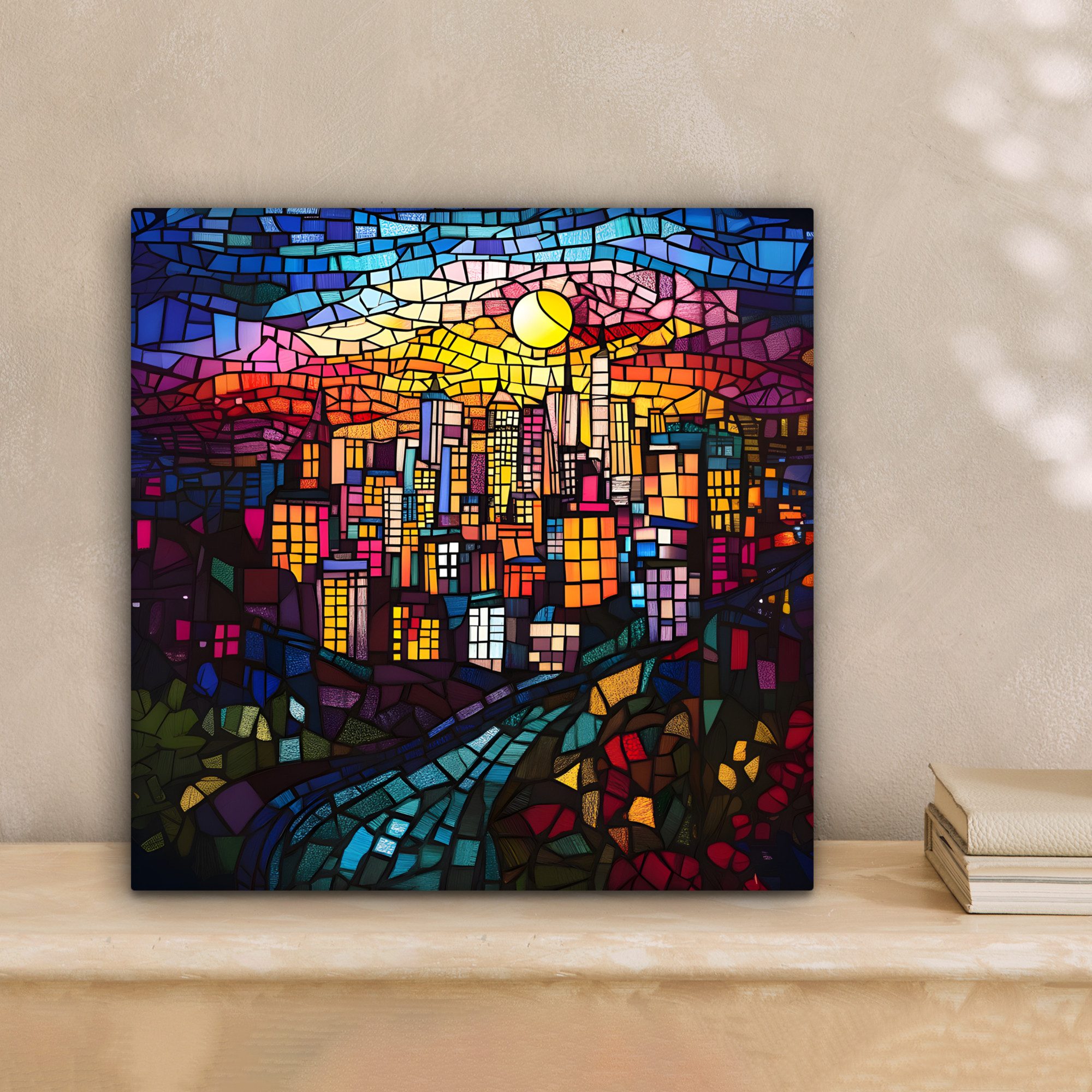 OneMillionCanvasses® Leinwandbild Stadt - Mond - Mosaik - Farbenfroh, Fotodruck (1 St), Wandbild, Deko Schlafzimmer Wohnzimmer Flur 20x20 cm
