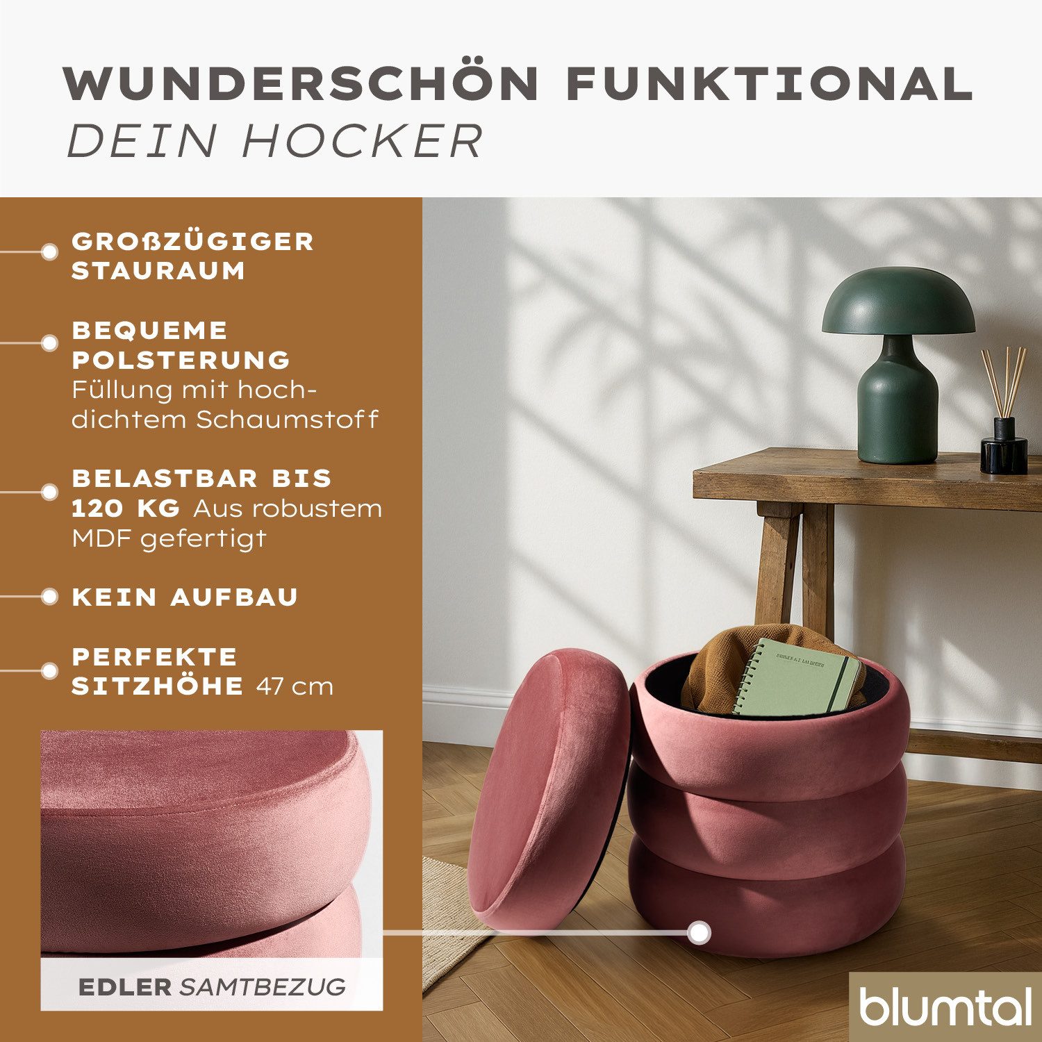 Blumtal Sitzhocker Hocker mit Stauraum mit Bouclé oder Velvet-Bezug, robuste Sitztruhe mit Stauraum und extrem Dickes MDF