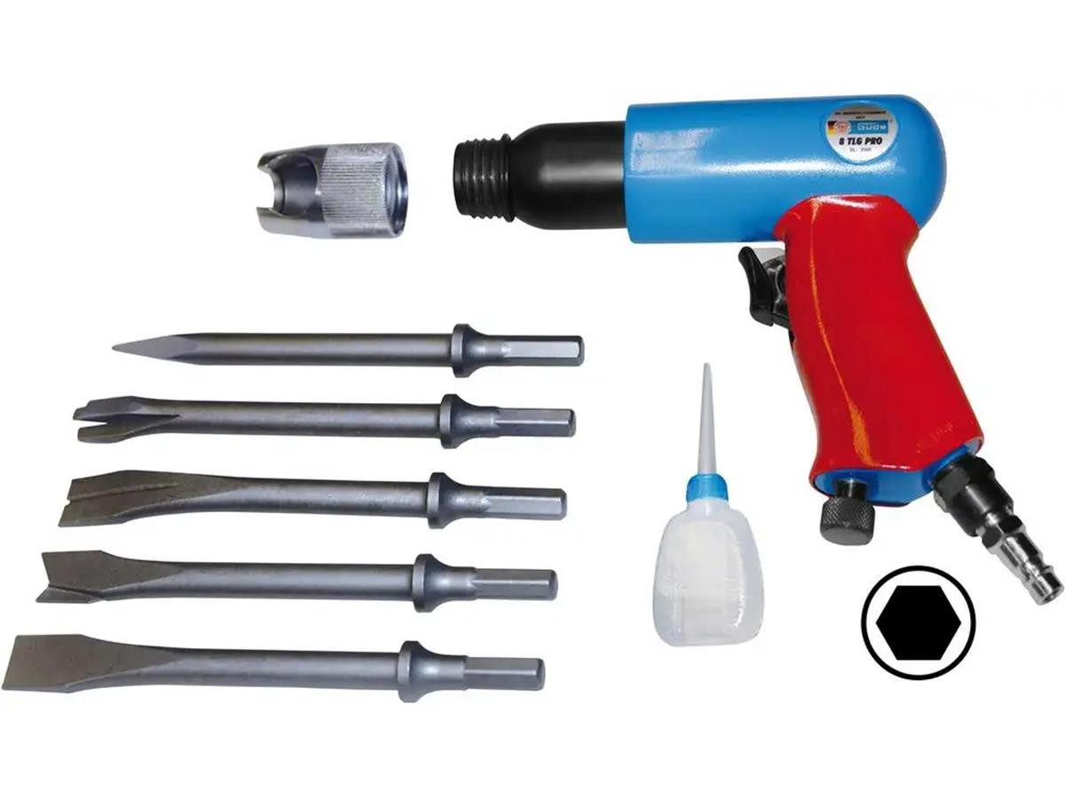 Güde Druckluft-Meißelhammer Set Pro 8-tlg., für 6-kant Aufnahme, (Set) 6,3 bar Betriebsdruck, gummierter Softgriff