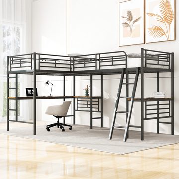 Ulife Etagenbett zwei Hochbett,Tisch unter dem Bett,Doppeltreppe, hohes Geländer,90*200cm*2