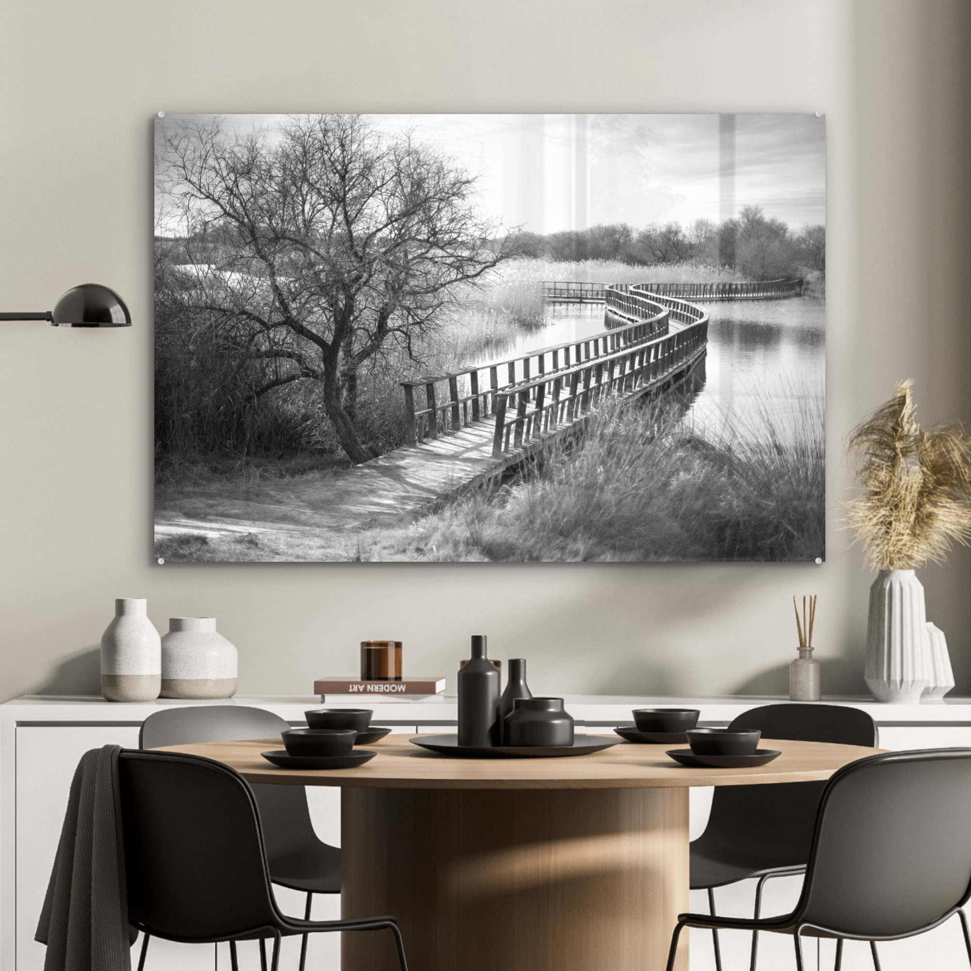 MuchoWow Acrylglasbild Brücke über des (1 Tablas die Acrylglasbilder St), & Nationalparks Daimiel Schlafzimmer de -, karge Wohnzimmer Landschaft