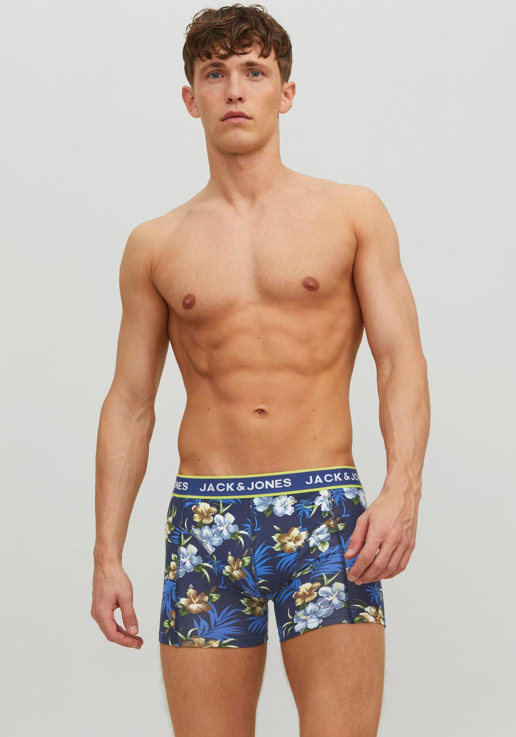 Jack & Jones Trunk JACFLOWER mit Blumenprint und elastischem Bund (Packung, 3-St) bedruckt, modisch, eng anliegend, Baumwollmischung, Bündchen