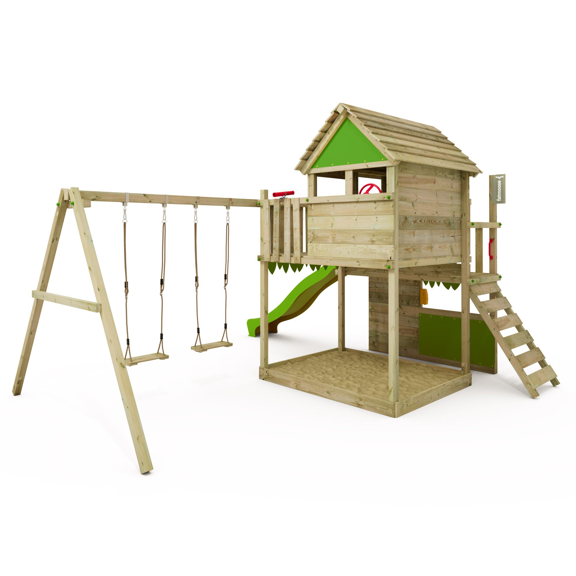 FATMOOSE Spielturm MightyMansion Move XXL Stelzenhaus mit Rutsche & Schaukel, 10 Jahre Garantie*, großes Spielhaus, großer Sandkasten