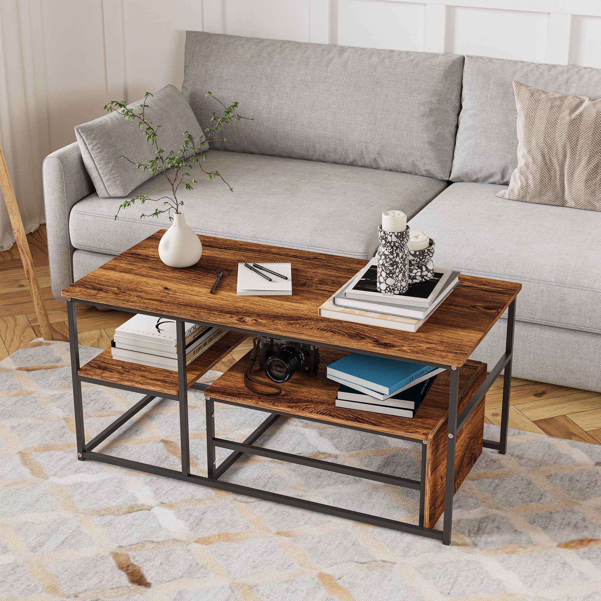 Gdood Couchtisch Rechteck Satztisch Beistelltisch stapelbarer Sofatisch (2-St., Ideal für Wohnzimmer & Büro, Platzsparendes stapelbares Design), Mit Holzmaserung Tischplatte, 105 x 52 x 48.5 cm + 60 x 45 x 28 cm
