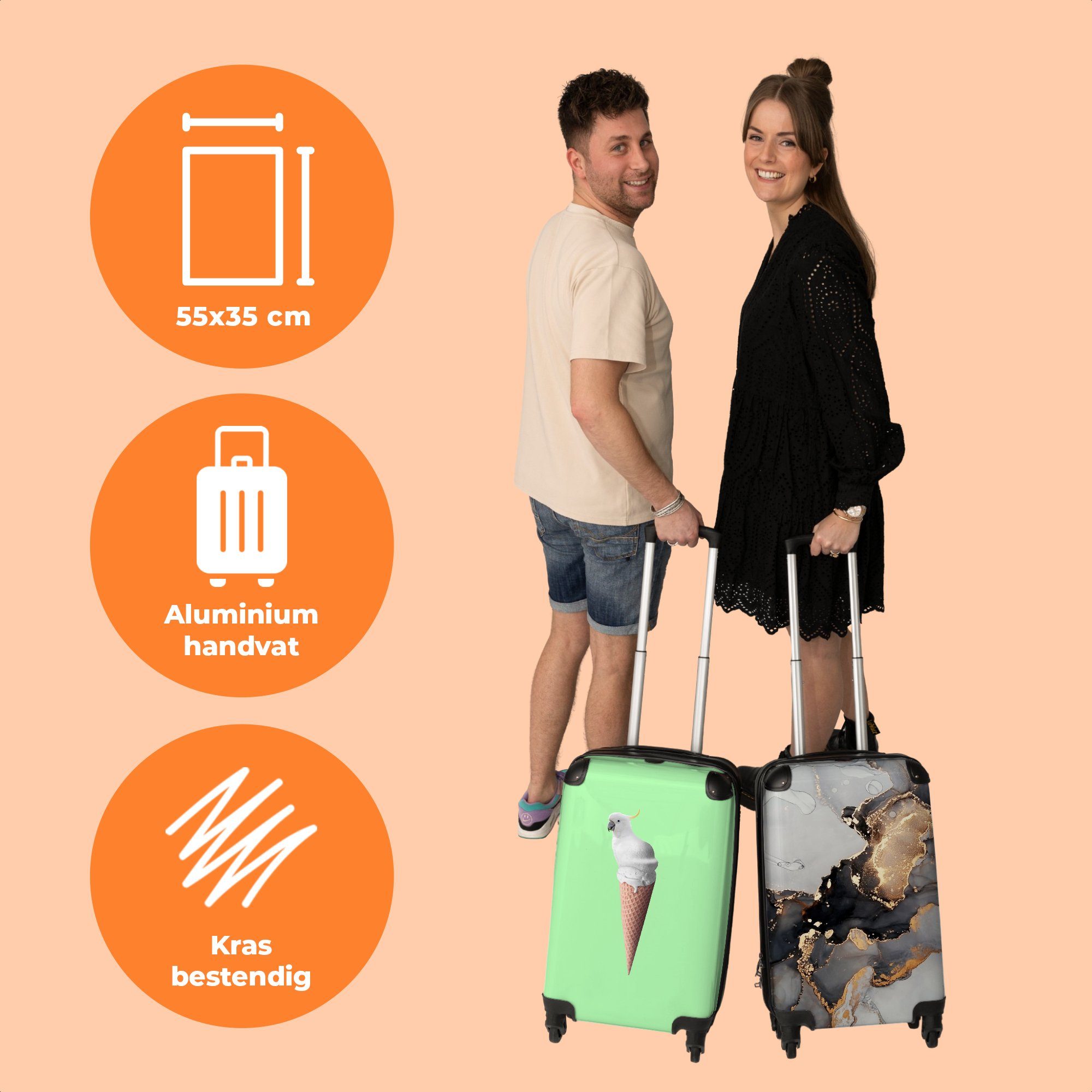 NoBoringSuitcases.com© Handgepäckkoffer 55x35x20cm Weiß Papagei Rollen, Rollen Handgepäck Cabin - Trolley 4 Grün, Eiscreme 4 mit - Kleine - Reisekoffer Eistüten - - Rollkoffer