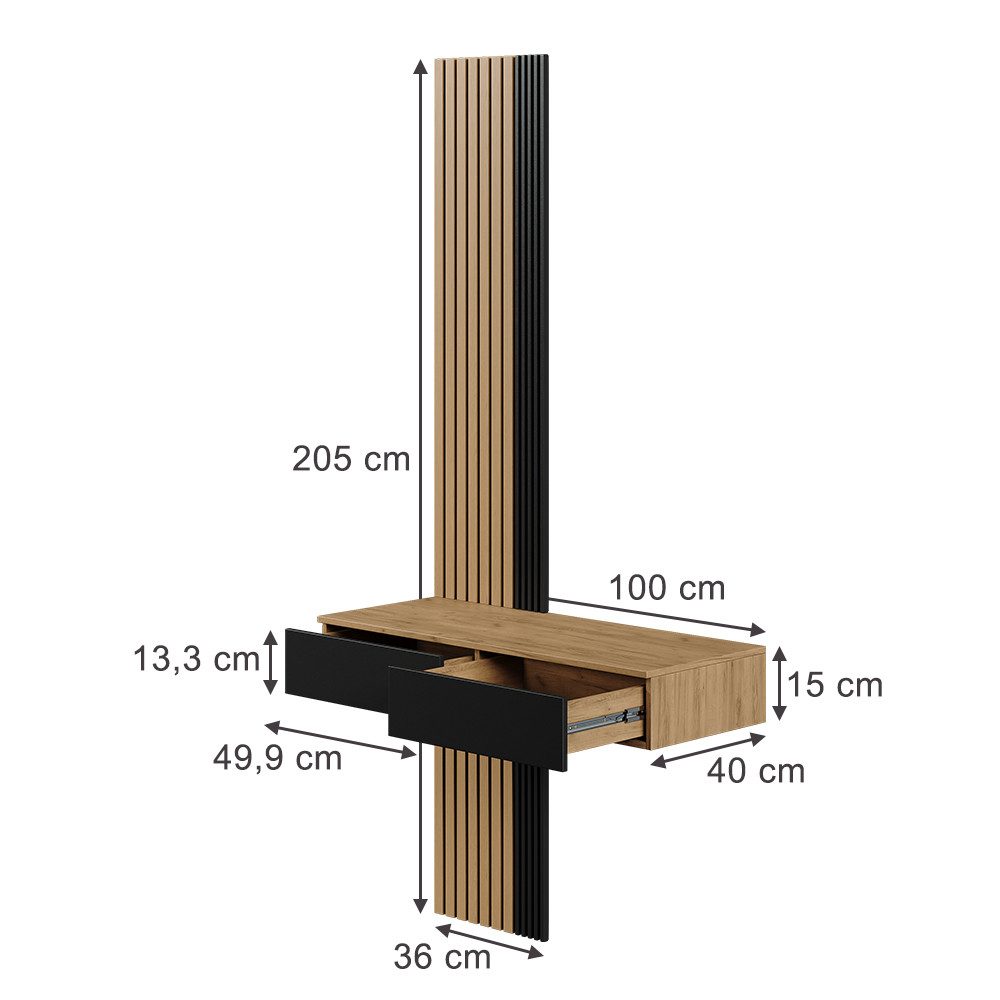 Vicco Schminktisch Melina, Eiche/Schwarz, 100 cm mit 2 Schubladen (1-St)