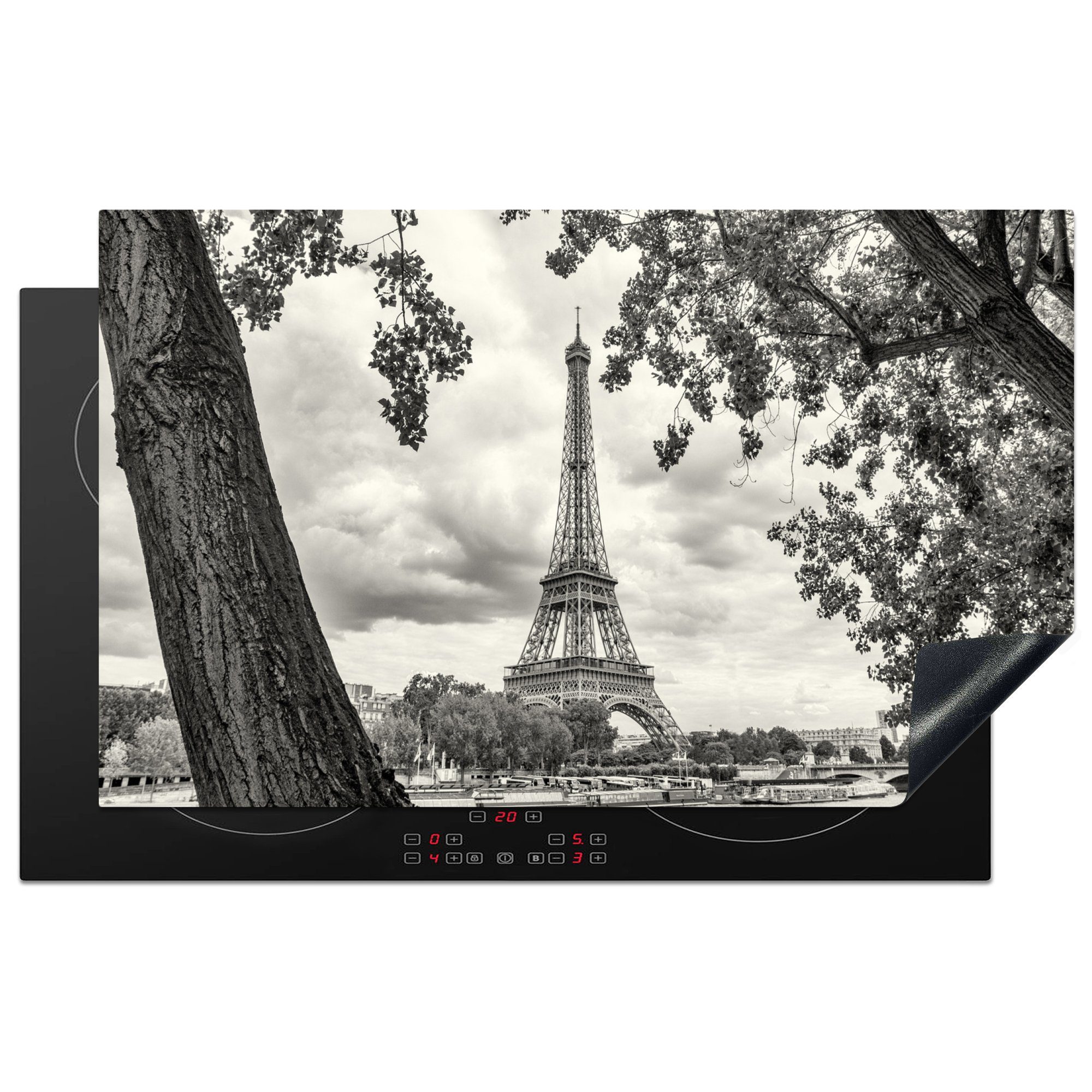 MuchoWow Herdblende-/Abdeckplatte Eiffelturm durch die Bäume, Vinyl, (1 tlg), 83x51 cm, Ceranfeldabdeckung, Arbeitsplatte für küche