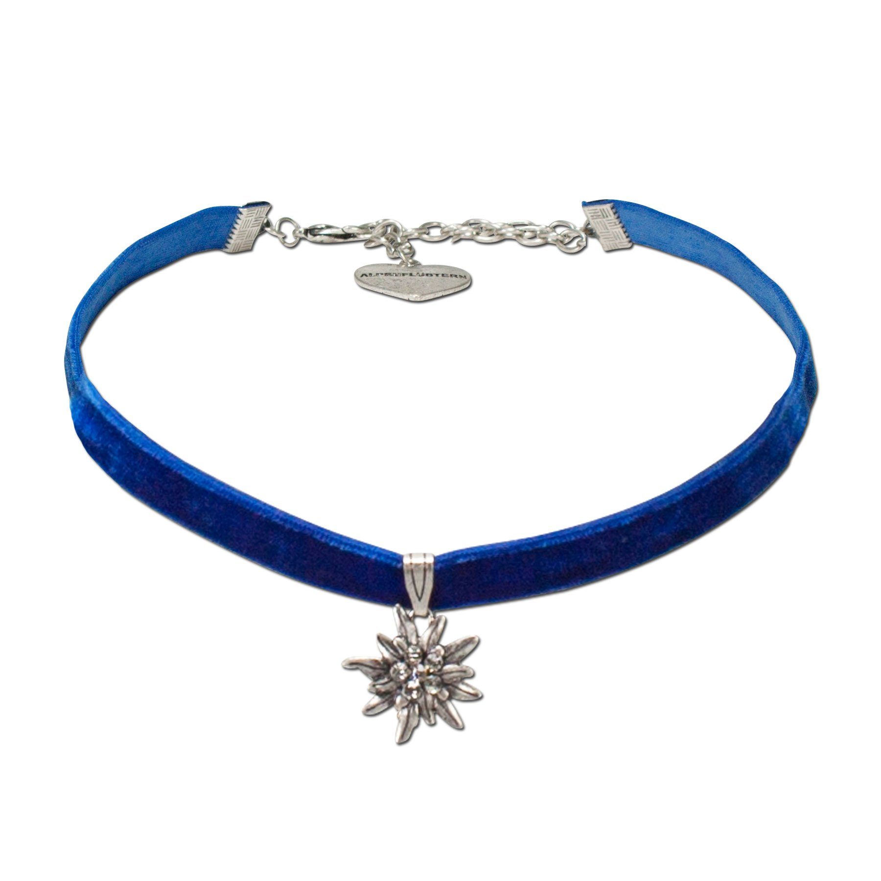 Alpenflüstern Ketten-Set Trachtenschmuck-Set Trachten-Samt-Kropfband und Ohrstecker Strass-Edelweiß (blau), - Damen-Trachten-Schmuck, Trachtenset Trachtenkette  – Bild 2 von 3