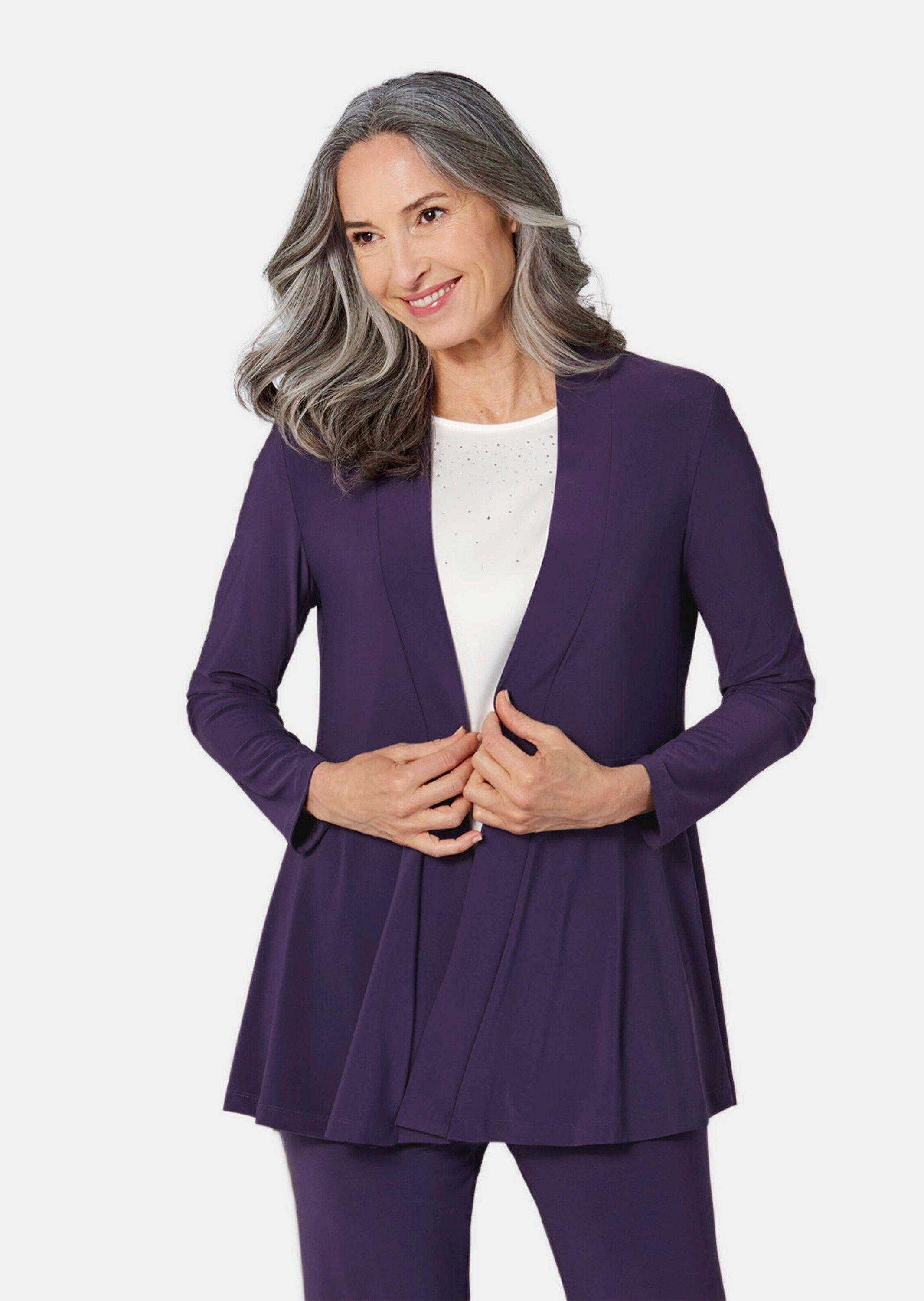 GOLDNER Shirtjacke Leichte Shirtjacke lila mit Stretch Damen Indoorjacke Uni, Shirtjacke, kaschierend, elegant, Schalkragen