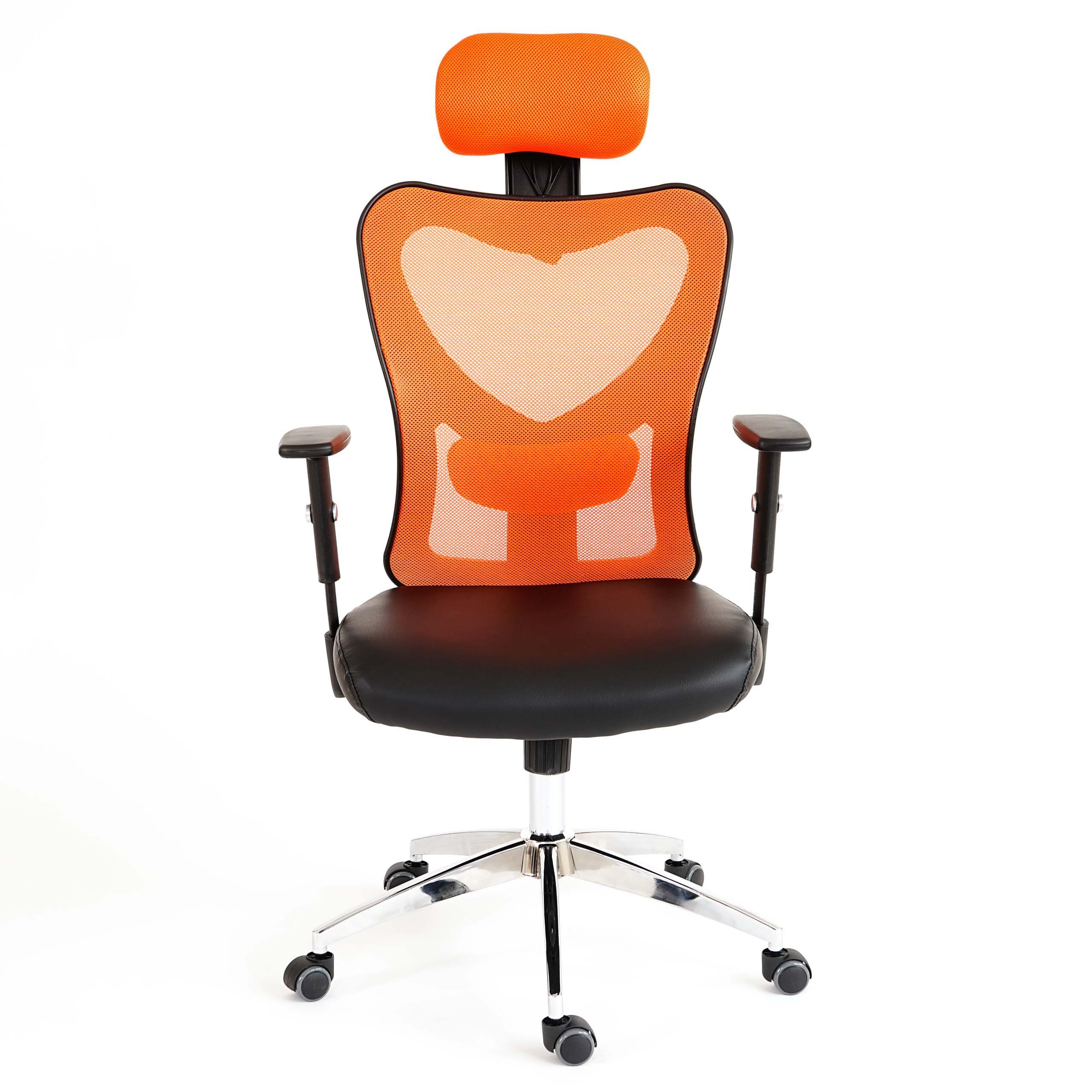 Kopfstütze Schreibtischstuhl höhenverstellbar, schwarz,orange Armlehnen, stufenlos Kopfstütze MCW Pamplona, Höhenverstellbare flexible Lendenwirbelstütze +