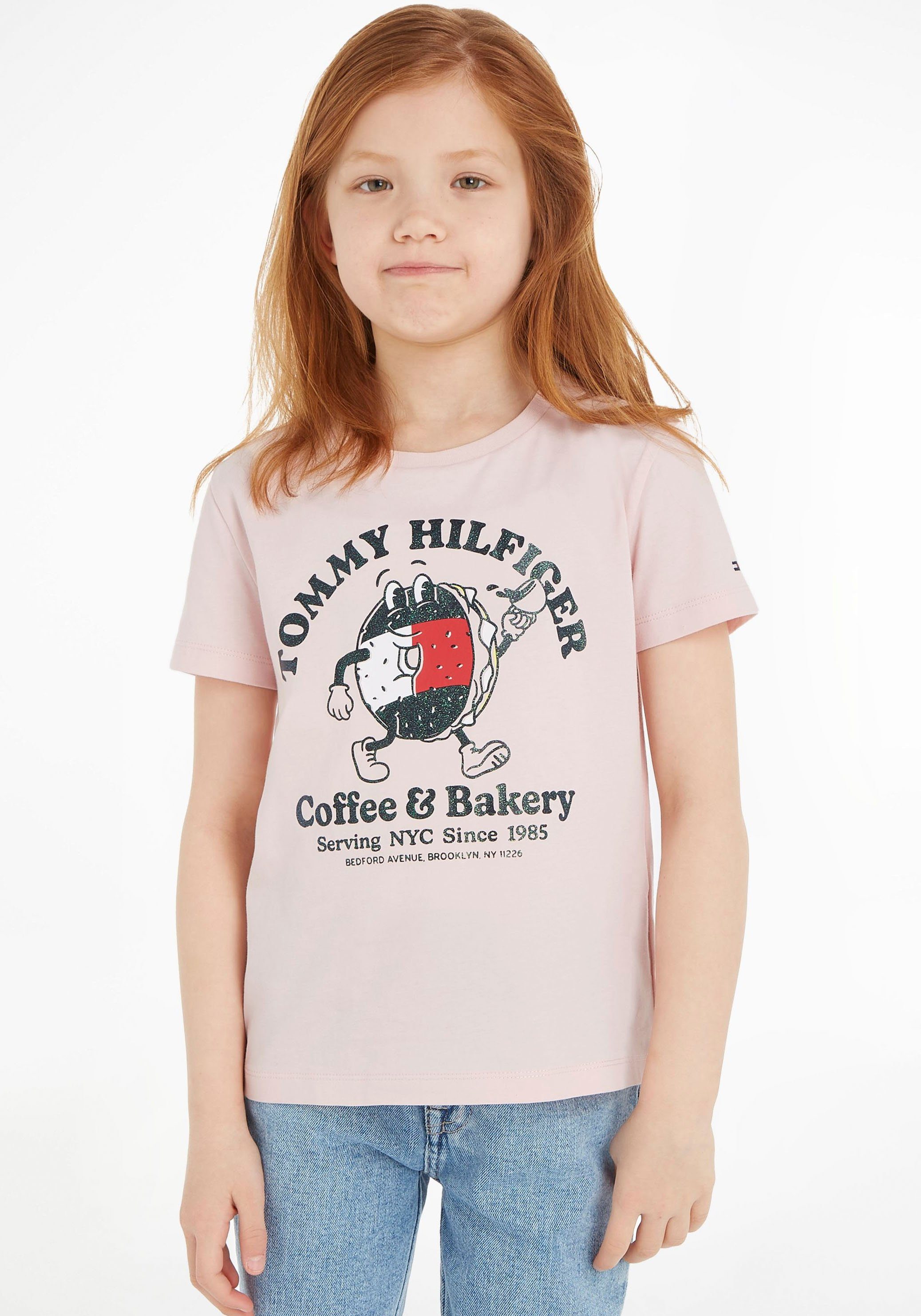 großem BAGELS Hilfiger TEE T-Shirt Whimsy Tommy S/S Druck Pink mit TOMMY