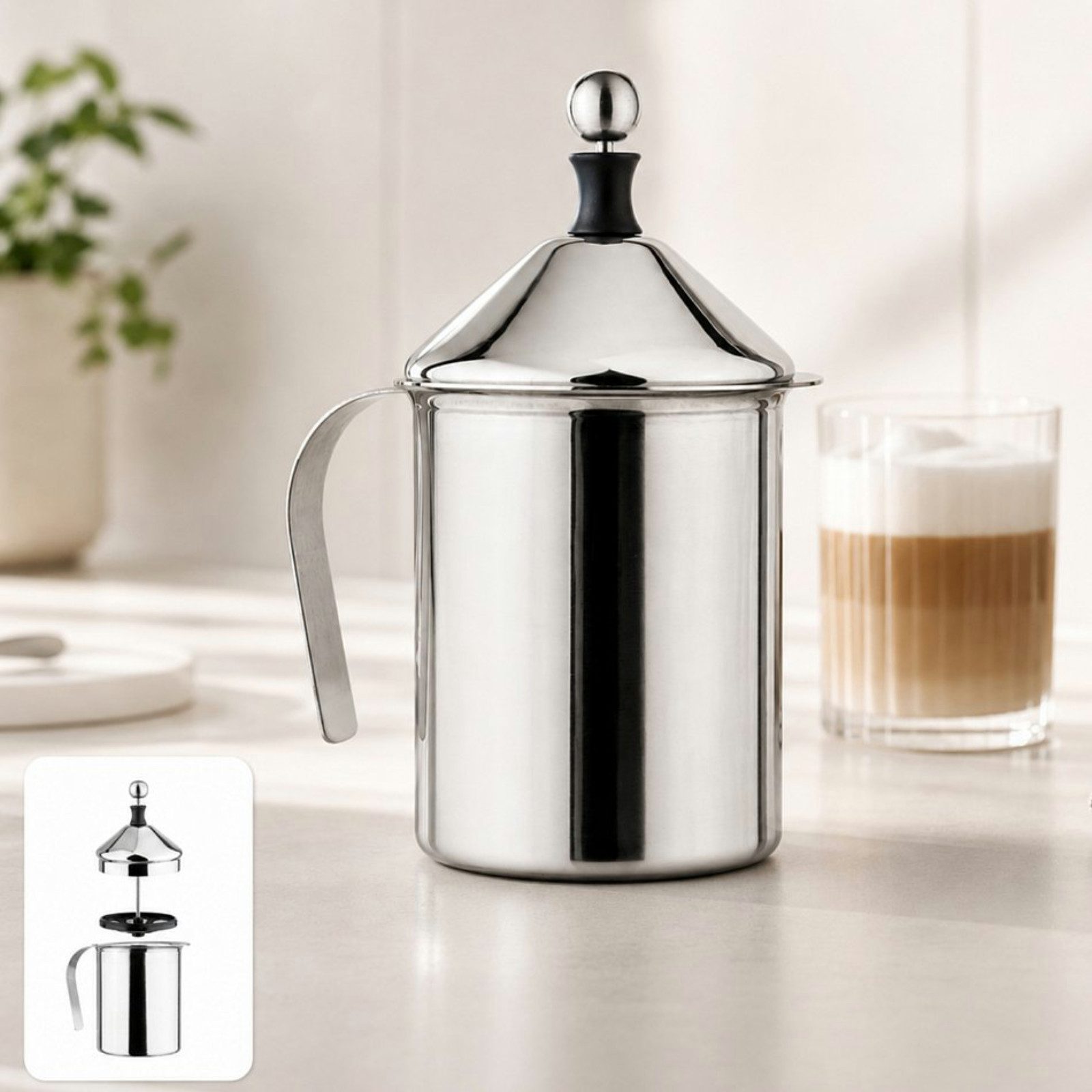 Haushalt International Milchaufschäumer Milchkanne Milchbehälter Edelstahl 500ml Sieb, Milchschäumer, Feinsieb, Manuell, Tragegriff