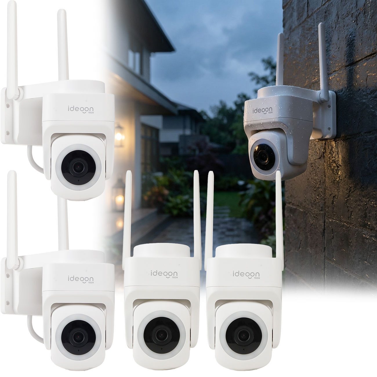 shop'n smile ideoon Überwachungskamera 2K WLAN Outdoor Überwachungskamera IP65 355° Schwenkung Nachtsicht App (4-tlg., Mikrofon & Lautsprecher (Intercom-Funktion) · Alarmsirene bis 85 dB)