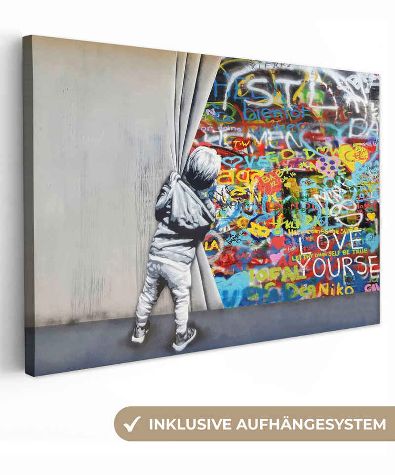 OneMillionCanvasses® Leinwandbild Graffiti - Junge - Ilussie - Straßenkunst, Bunt - Street art (1 St), Leinwand Bilder Klein, Wand Dekoration 30x20 cm