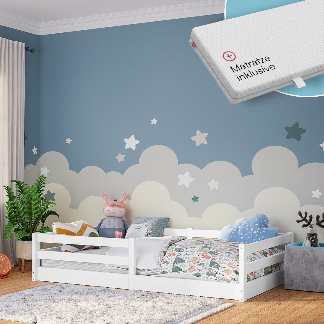 Bellabino Kinderbett Iskri mit Rausfallschutz und Lattenrost (weiß, mit Mat günstig online kaufen