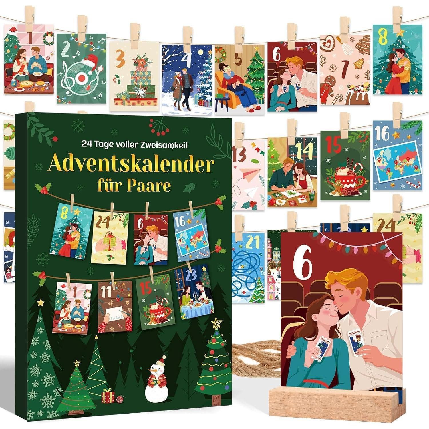 LuxusKollektion Adventskalender Adventskalender 2025 Pärchen Liebe Karten Holzfuß Clips Paare