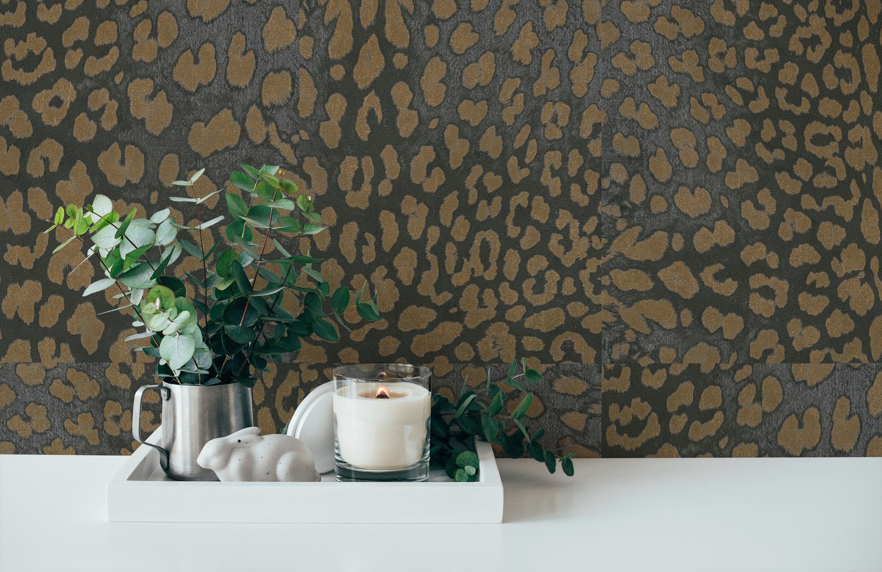 living walls Vliestapete print, strukturiert, Desert Tapete gemustert, Fellimitat, animal Lodge, Leopardenmuster gold/schwarz