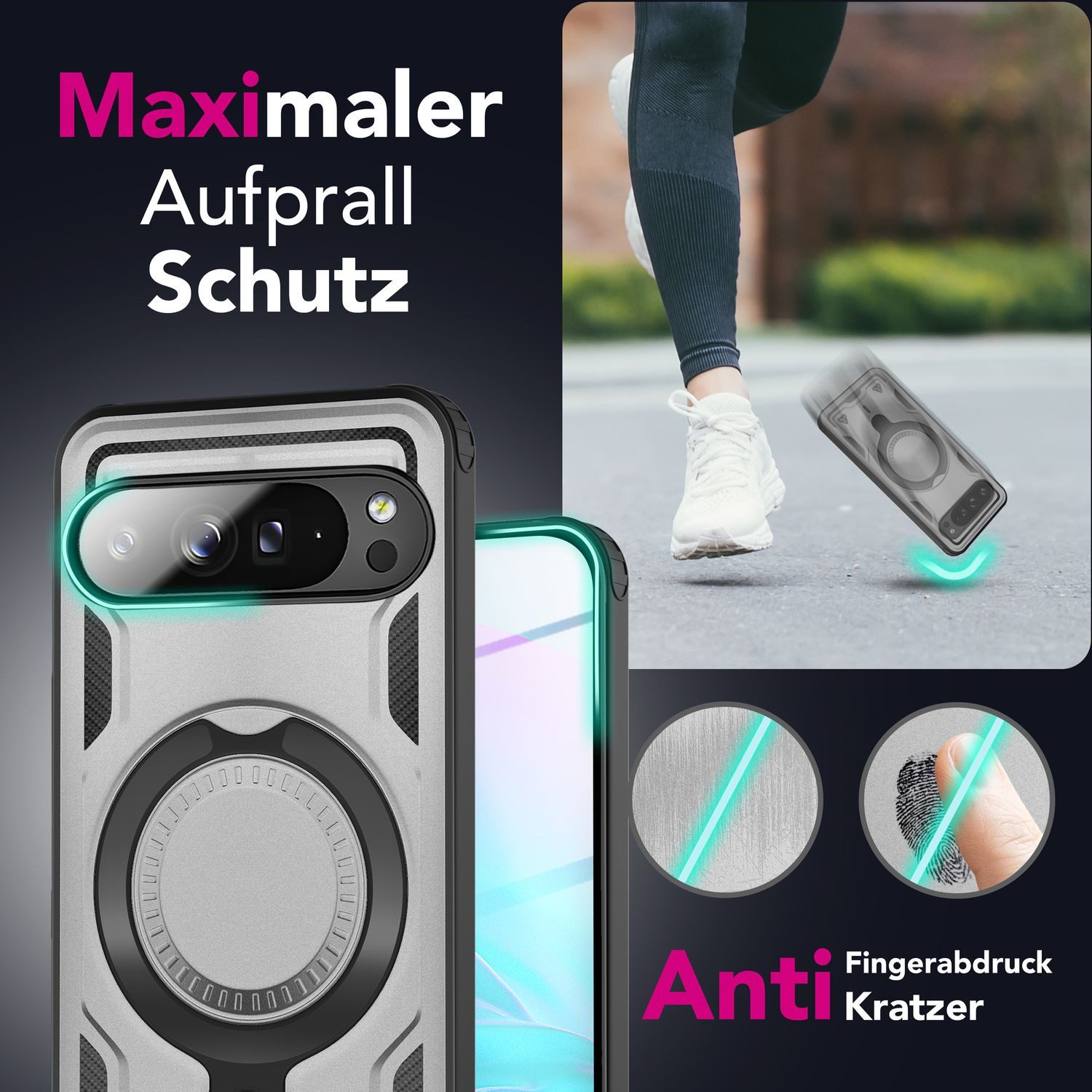 Nalia Smartphone-Hülle Google Pixel 9 Pro 16 cm (6,3 Zoll), Panzer Militärschutz / Extrem Robust / Magsafe / 360° Ring / Kickstand