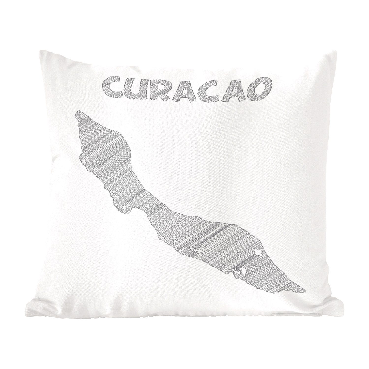 MuchoWow Dekokissen Illustration einer Skizze von Curaçao in schwarz-weiß, Zierkissen mit Füllung für Wohzimmer, Schlafzimmer, Deko, Sofakissen