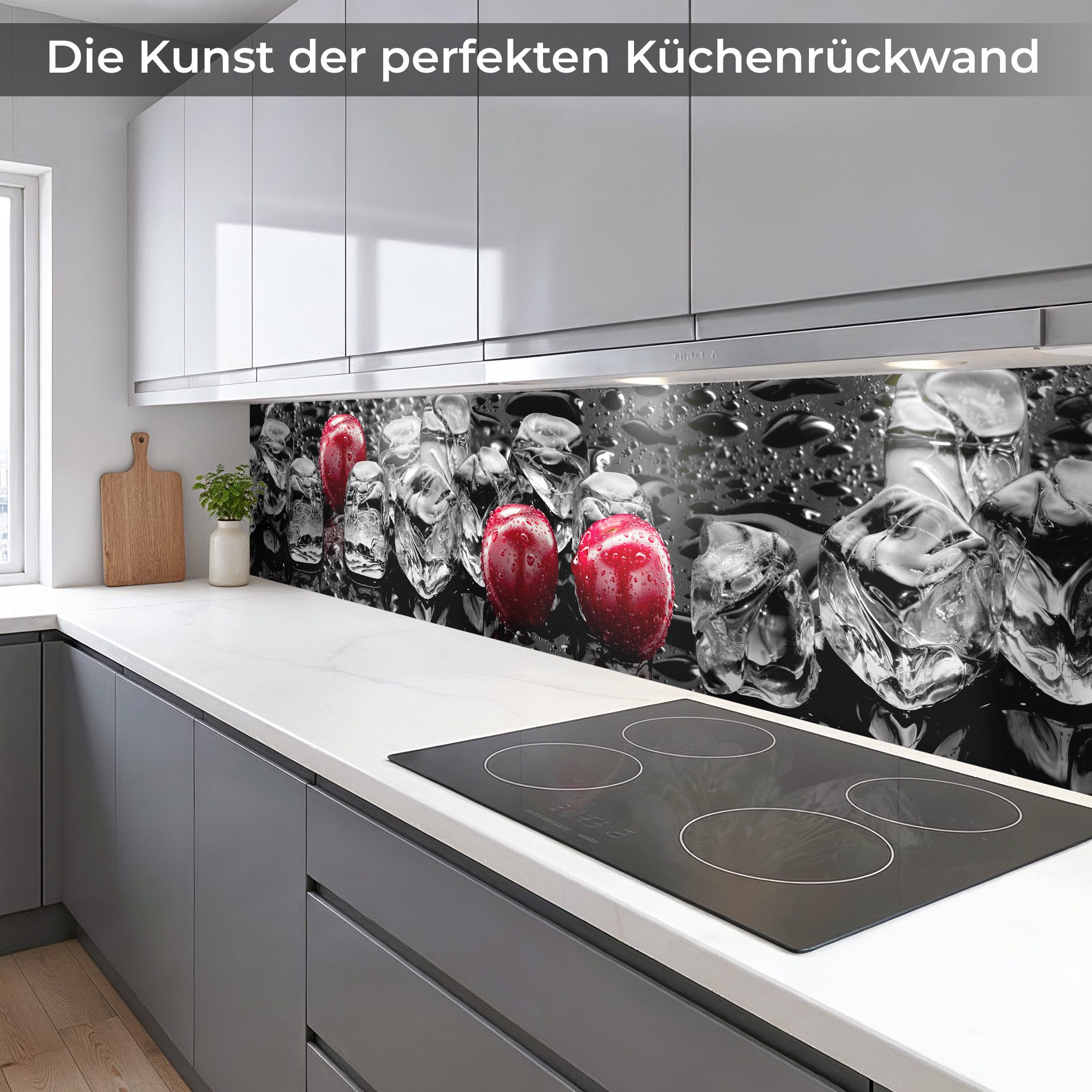 Rodnik Küchenrückwand Eiswürfel und Kirschen, monolithische ABS-Platte mit Direktdruck, formstabil und langlebig